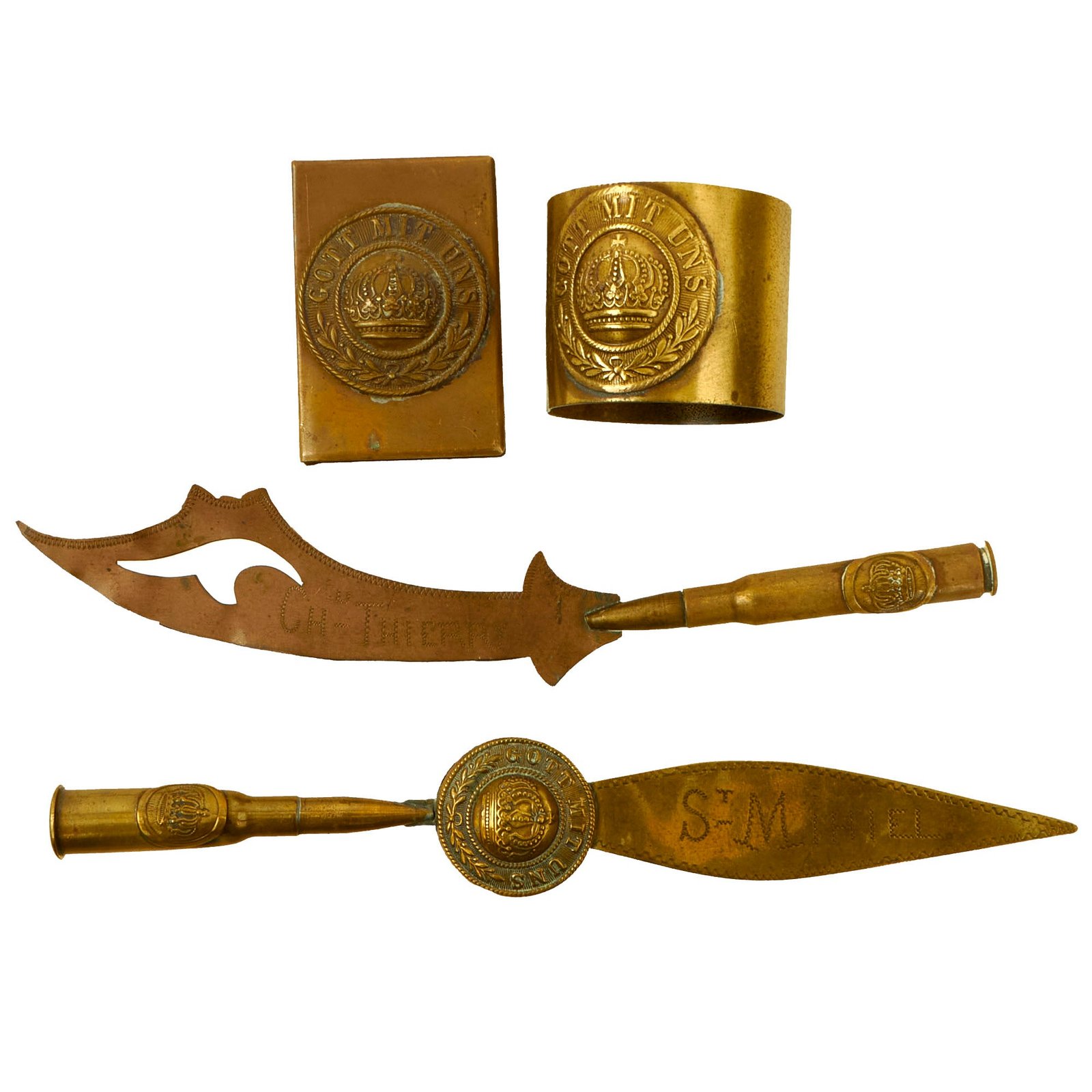 Buy Original U.S. WWI Brass Trench Art Lot Featuring Château-Thierry Engraved Letter Opener - 4 Items | Original Firearms Antique For Sale