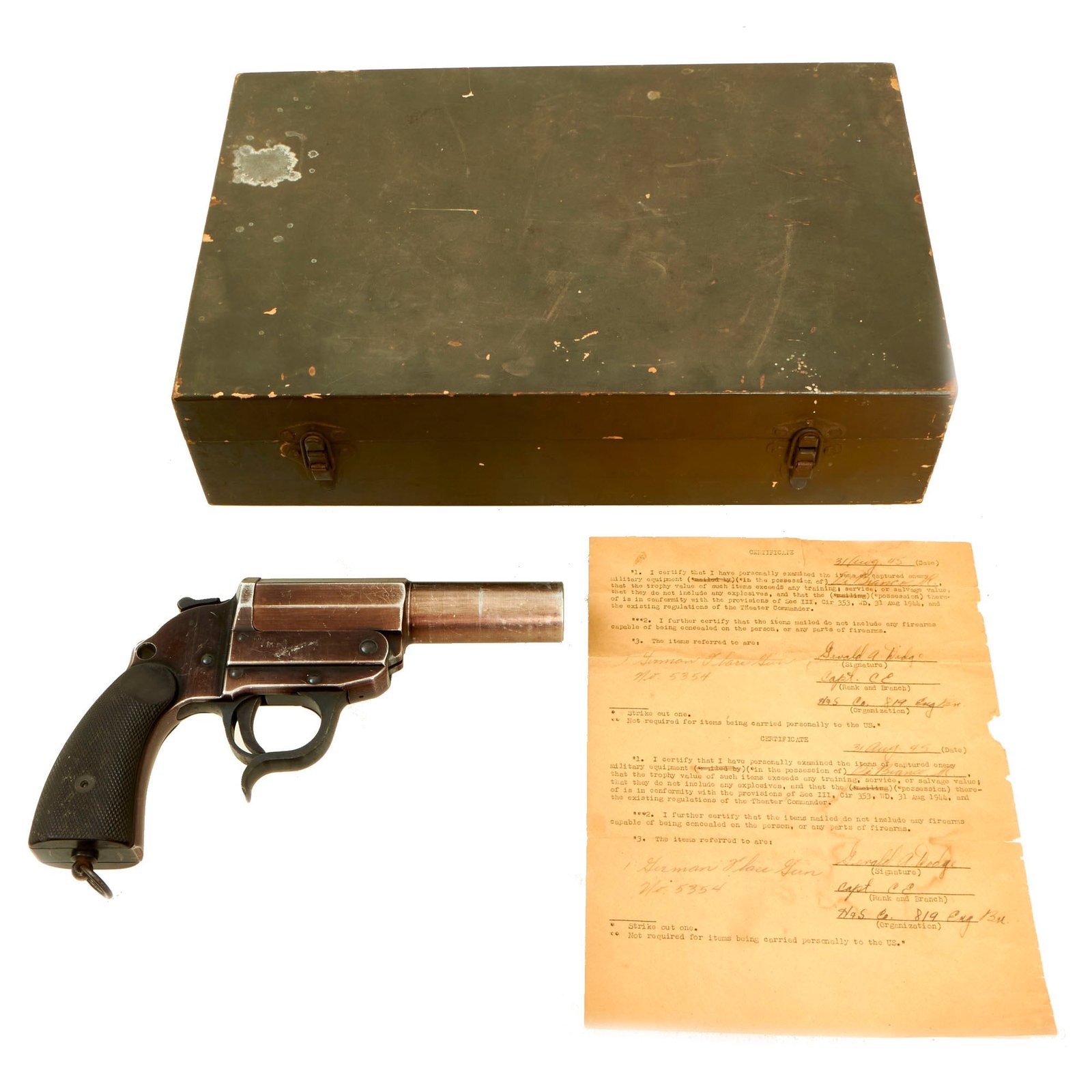 Buy Original German WWII US Combat Engineers Captured Leuchtpistole 34 Heer Signal Flare Pistol by Walther with Bringback Paper and Box - Dated 1941 | Original Firearms Antique For Sale