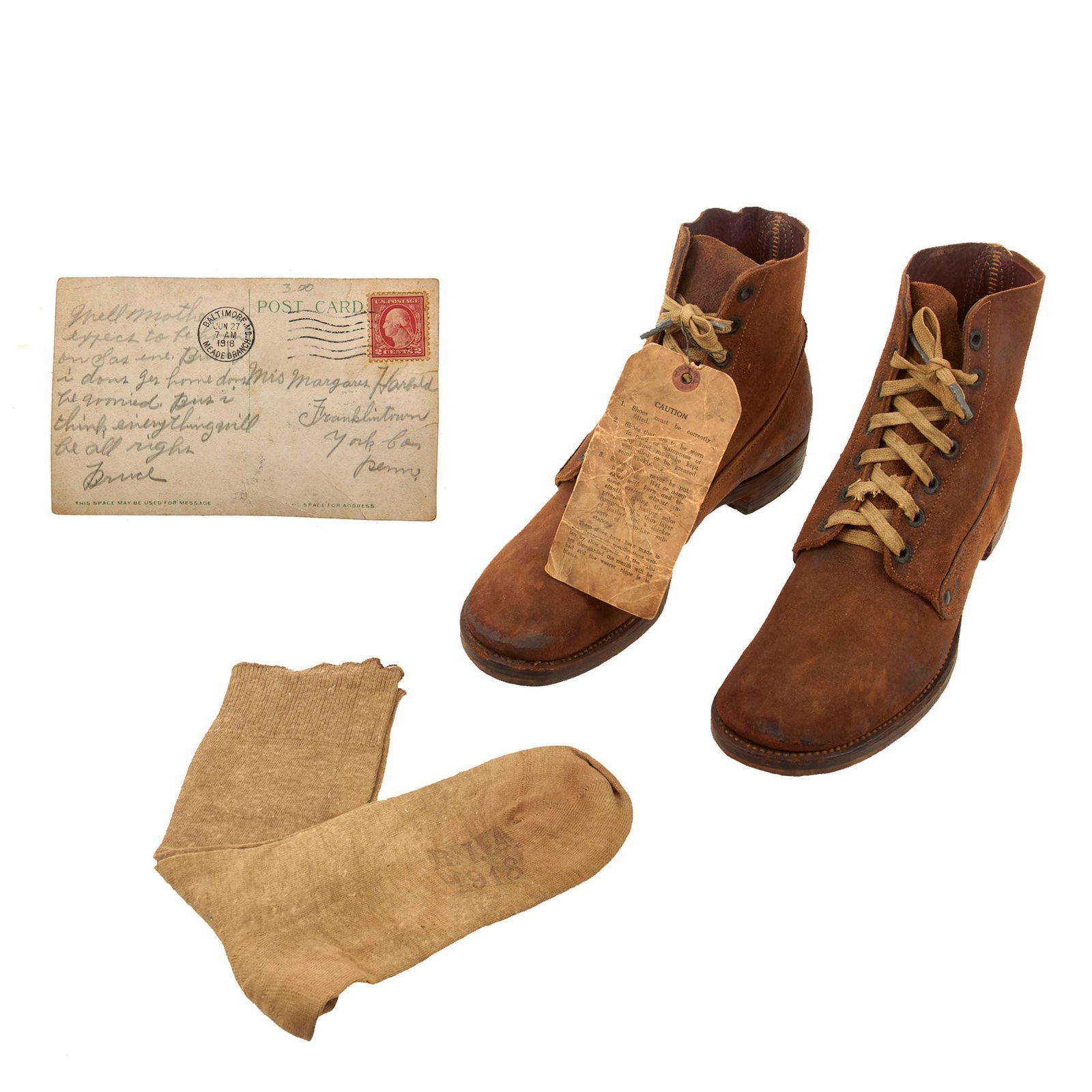 Buy Original U.S. WWI Unissued M1917 Trench “Pershing” Boots With Original Factory Tag and Included 1918 Dated Socks - Matched Size 8 | Original Firearms Antique For Sale