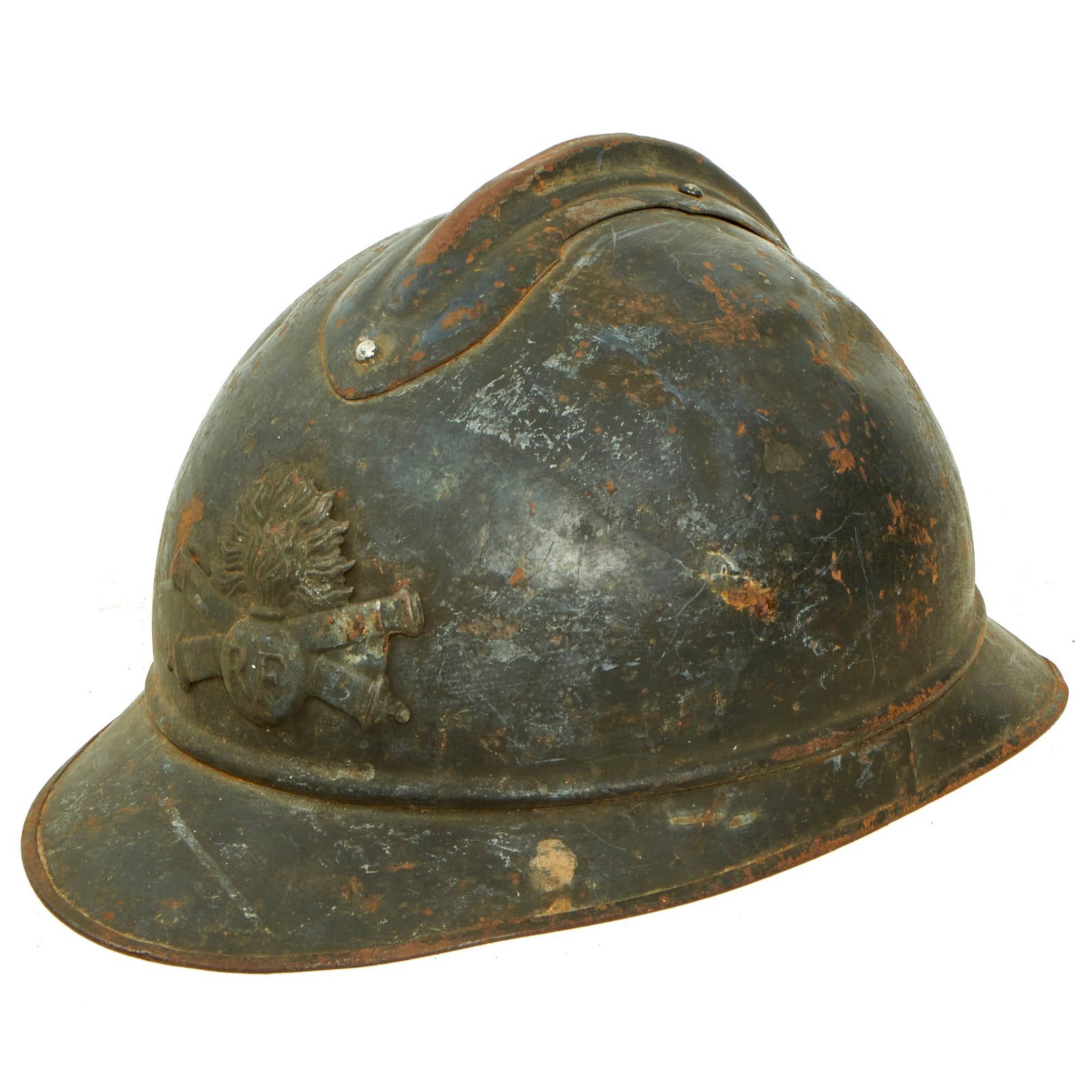 Buy Original French WWI Issue Model 1915 Adrian Helmet in Horizon Blue with Artillery RF Badge and Early First Pattern Liner | Original Firearms Antique For Sale