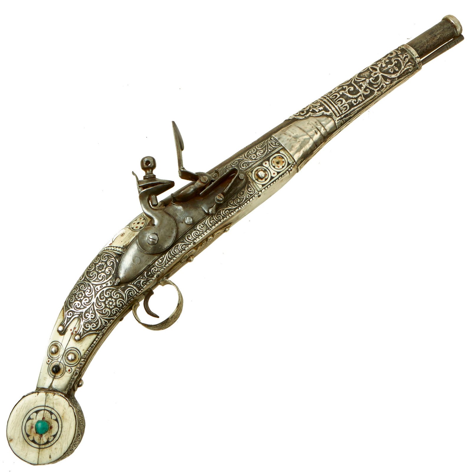 Buy Original Ottoman Empire Caucasian Flintlock Pistol With Camel Bone & Embossed Silver Clad Stock - circa 1800 | Original Firearms Antique For Sale