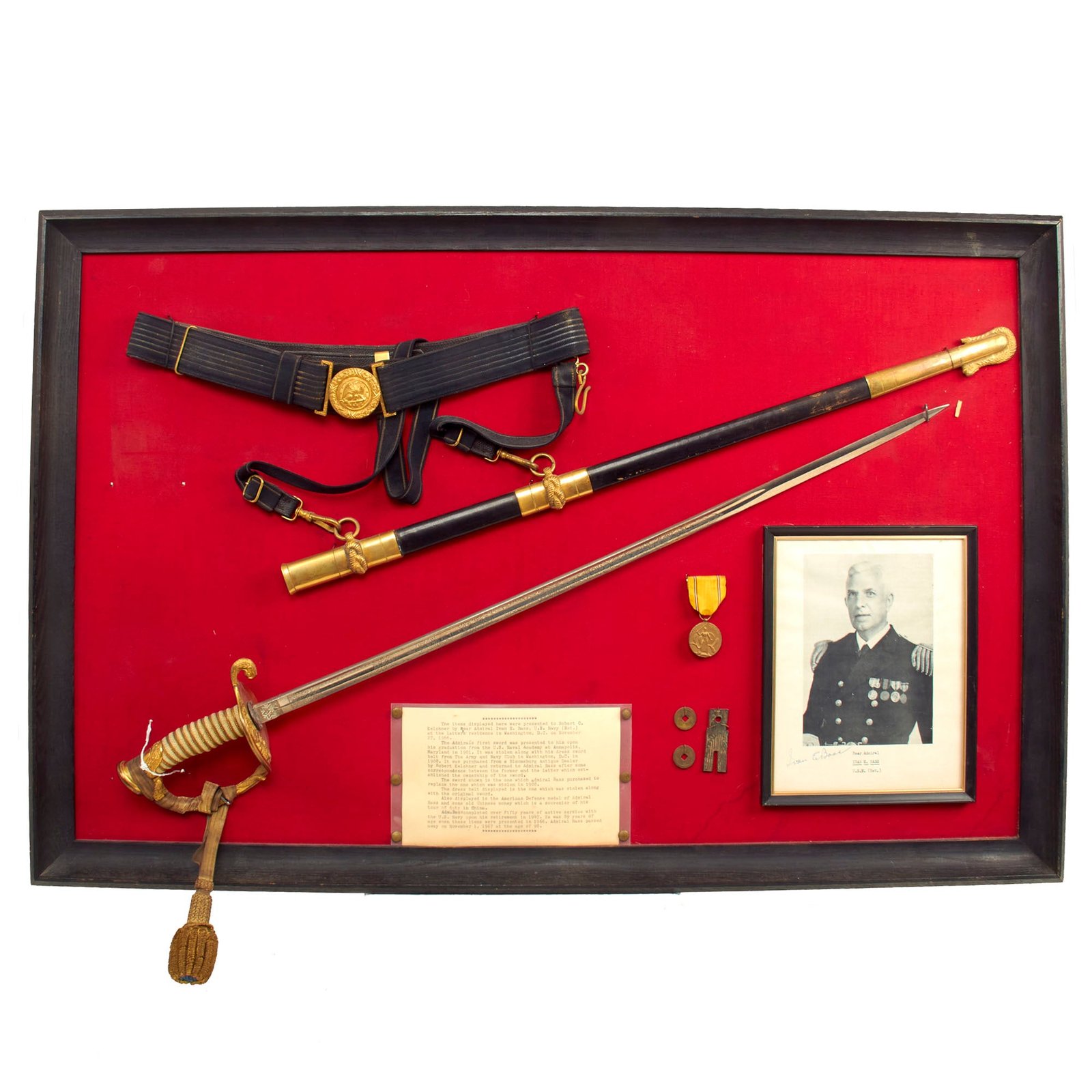 Buy Original U.S. Navy Model 1852 Officer’s Dress Sword, Scabbard and Belt Mounted Display for Rear Admiral Ivan Bass - 38 ½” x 24” | Original Firearms Antique For Sale