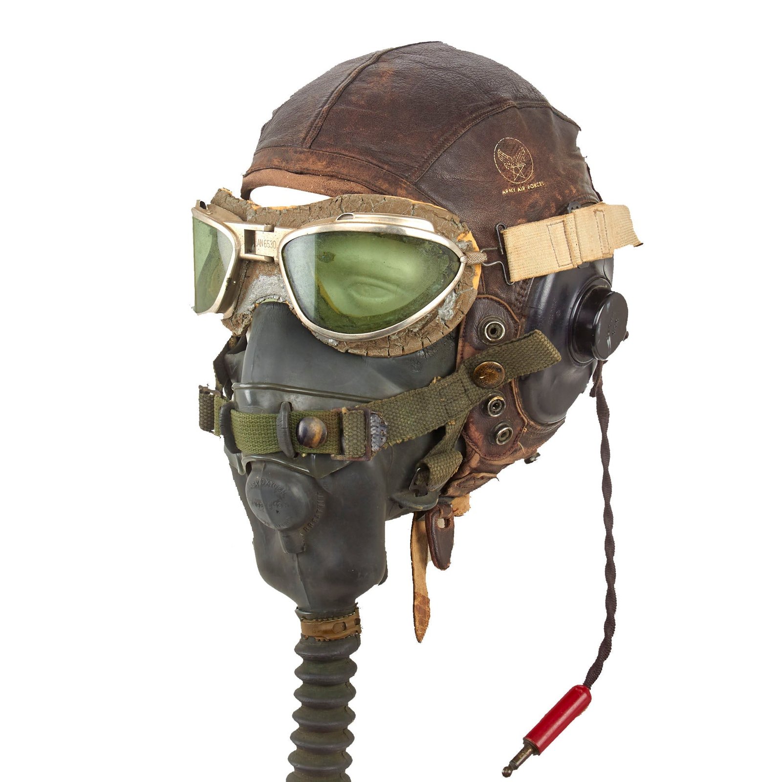 Buy Original U.S. WWII USAAF Aviator Flight Helmet Set - AN6530 Goggles, A-11 Helmet, & Type A-13 Oxygen Mask | Original Firearms Antique For Sale