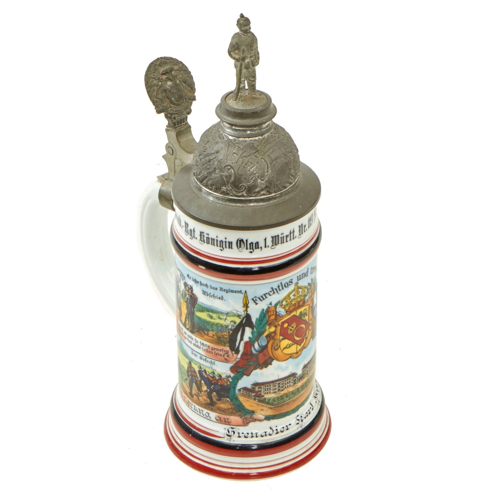 Buy Original Imperial German WWI Era 119th (1st Württemberg) Grenadiers "Queen Olga" Regiment Beer Stein - dated 1907-1909 | Original Firearms Antique For Sale