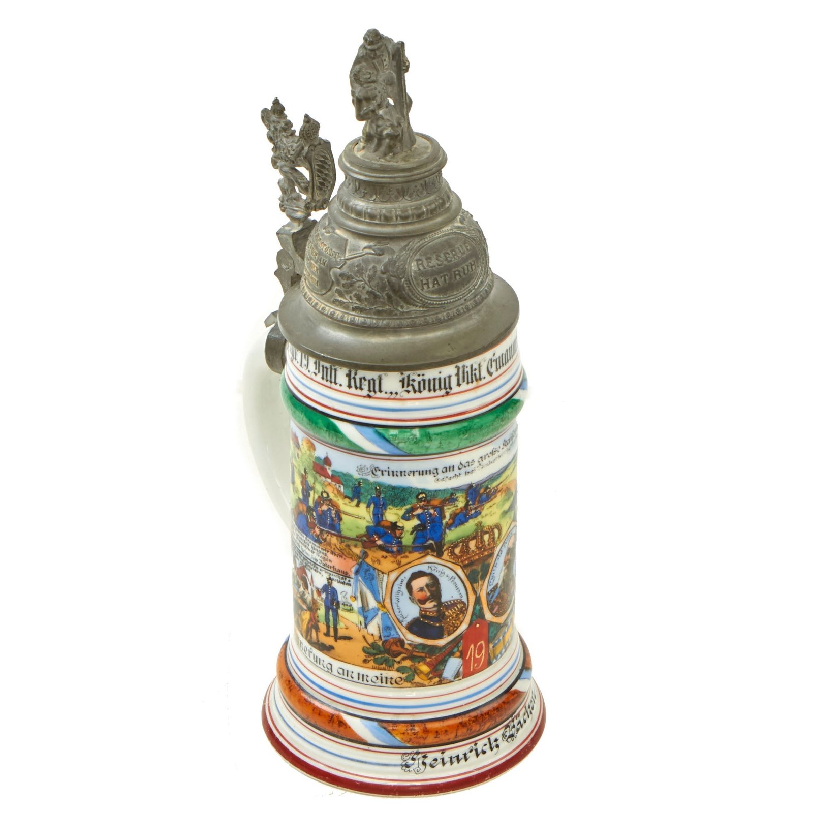 Buy Original Imperial German WWI Era 19th Royal Bavarian Infantry Regiment Reservist Beer Stein with Hinged Lid - dated 1908-1910 | Original Firearms Antique For Sale