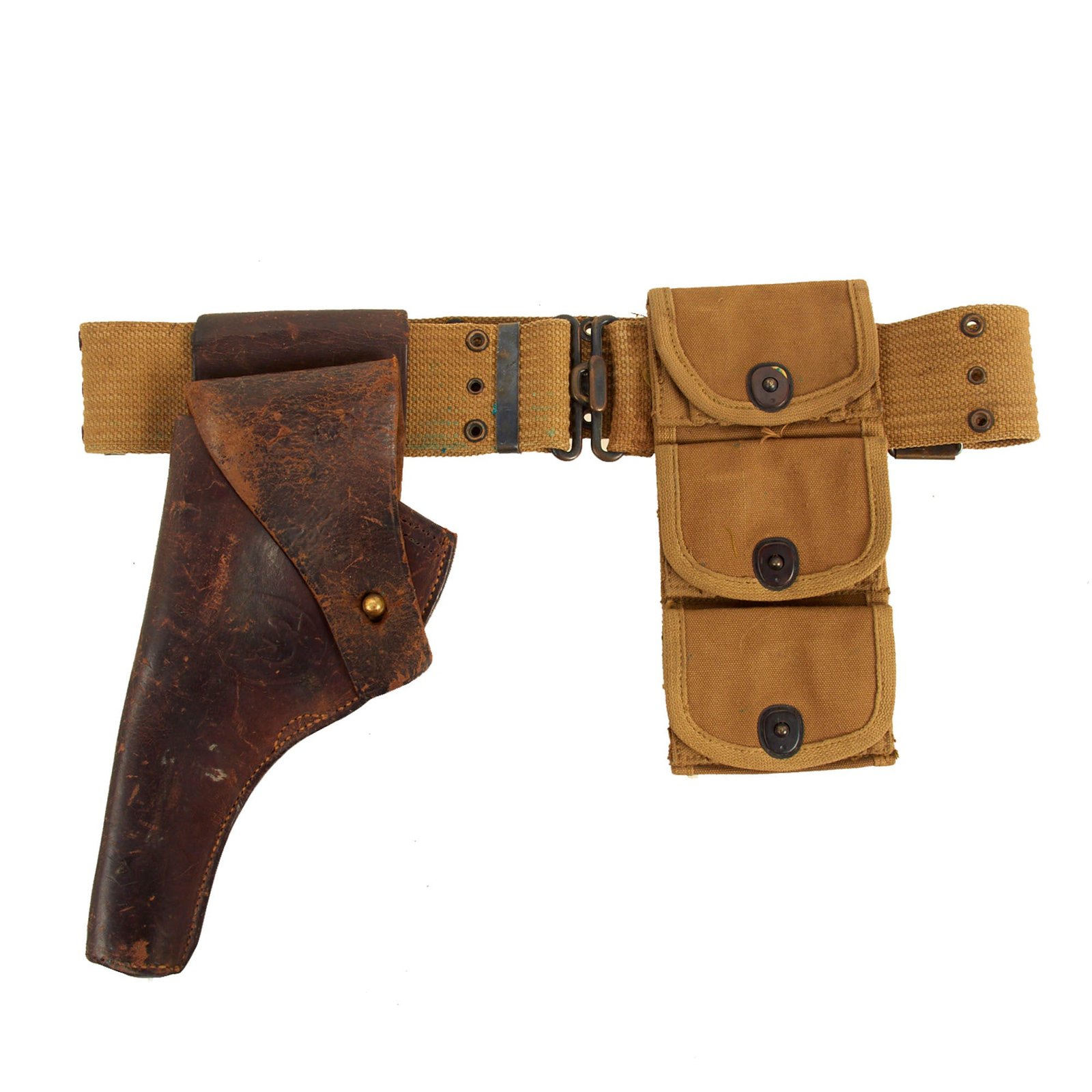 Buy Original U.S. WWI M1917 Holster for 1911 .45 Revolver with M-1910 Pistol Belt, & WWI Half Moon Clip .45 Cal 3 Pocket Pouch - Dated 1918 | Original Firearms Antique For Sale