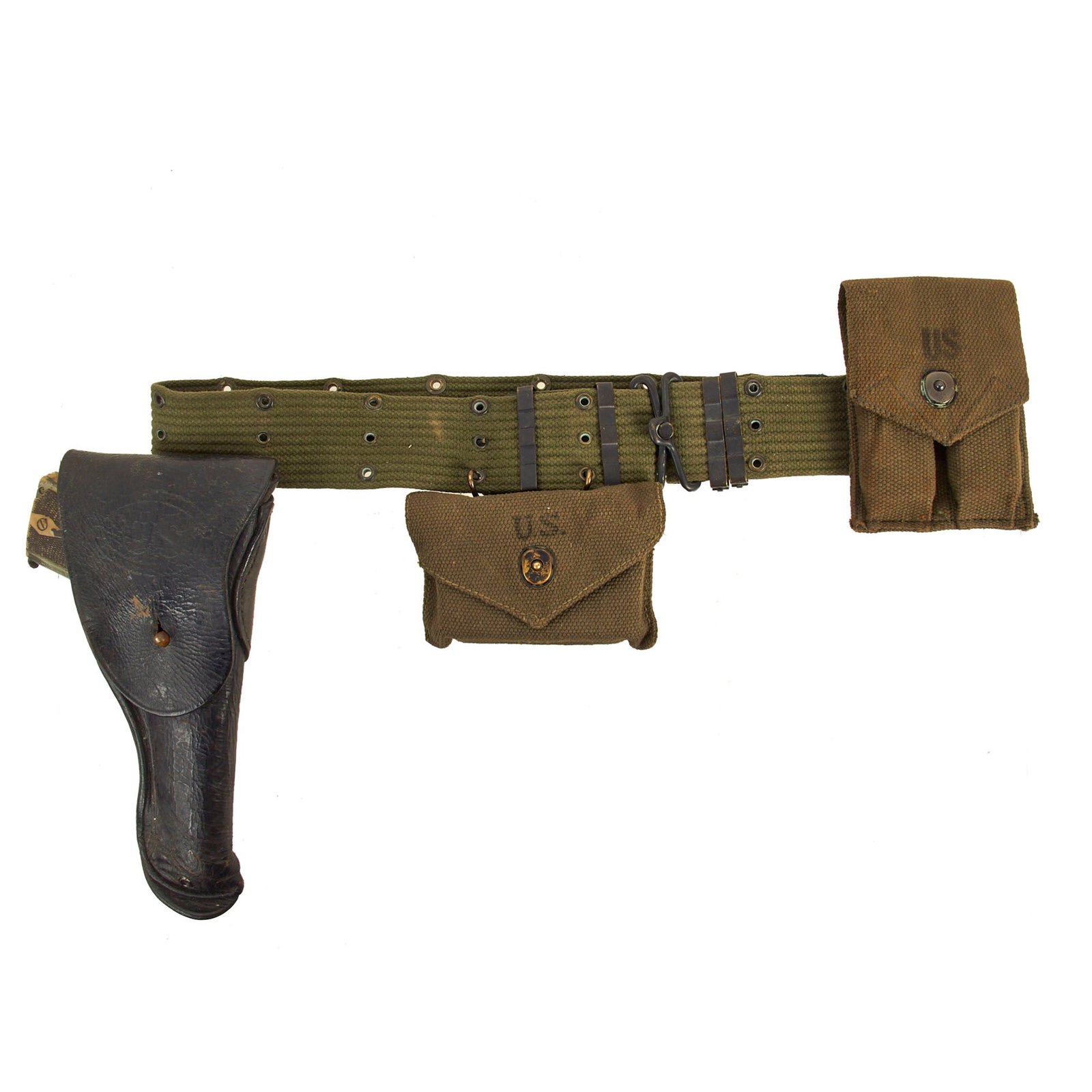 Buy Original U.S. Vietnam War Era M-1956 Load-Carrying Equipment Belt With Black M1911 Holster With Resin M1911 Pistol Prop, First Aid Pouch With Bandage and Magazine Pouch | Original Firearms Antique For Sale