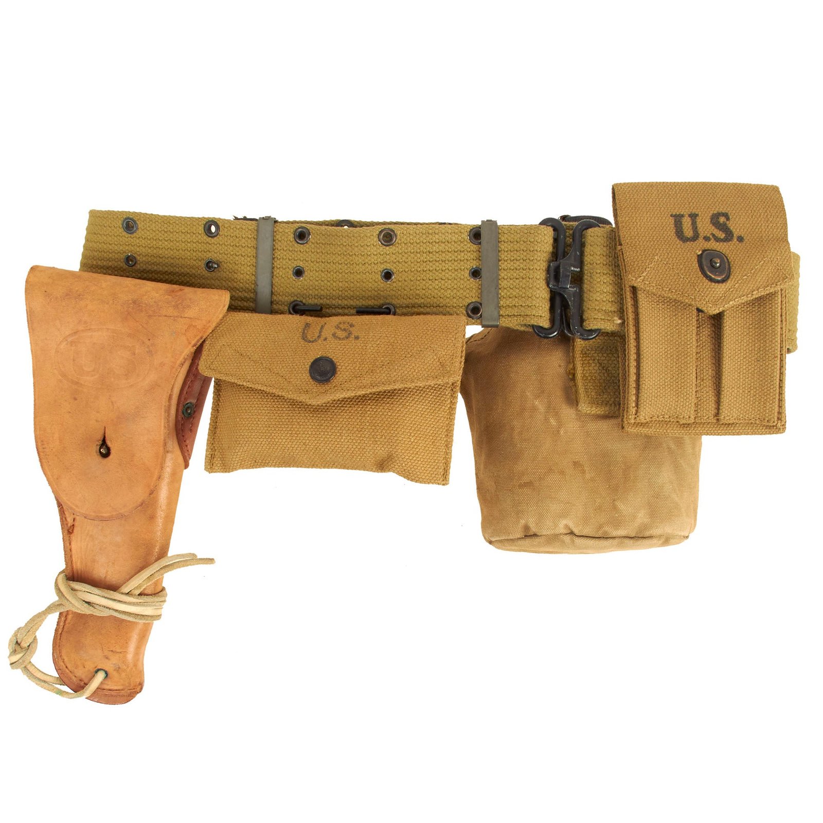 Buy Original U.S. WWII Officer M1936 Pistol Belt, M1911 Holster by Rare Maker, Magazine Pouch, British Made First Aid Pouch WITH Box & Bandage and M1910 Canteen Set | Original Firearms Antique For Sale
