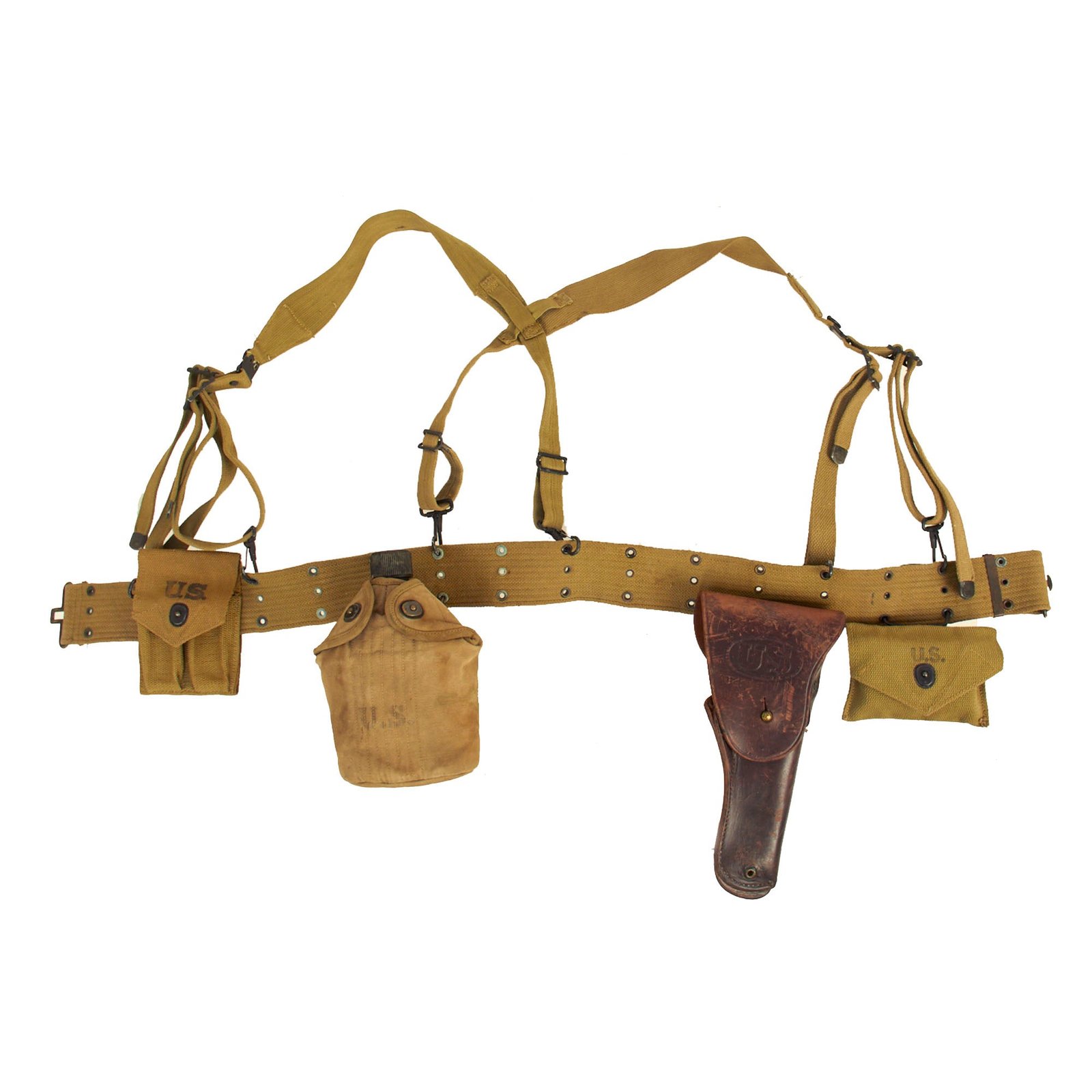 Buy Original U.S. WWII Officer M1936 Pistol Belt, M1936 Suspenders, M1911 Holster, Magazine Pouch, M1910 Canteen Set & First Aid Pouch WITH Box & Bandage | Original Firearms Antique For Sale