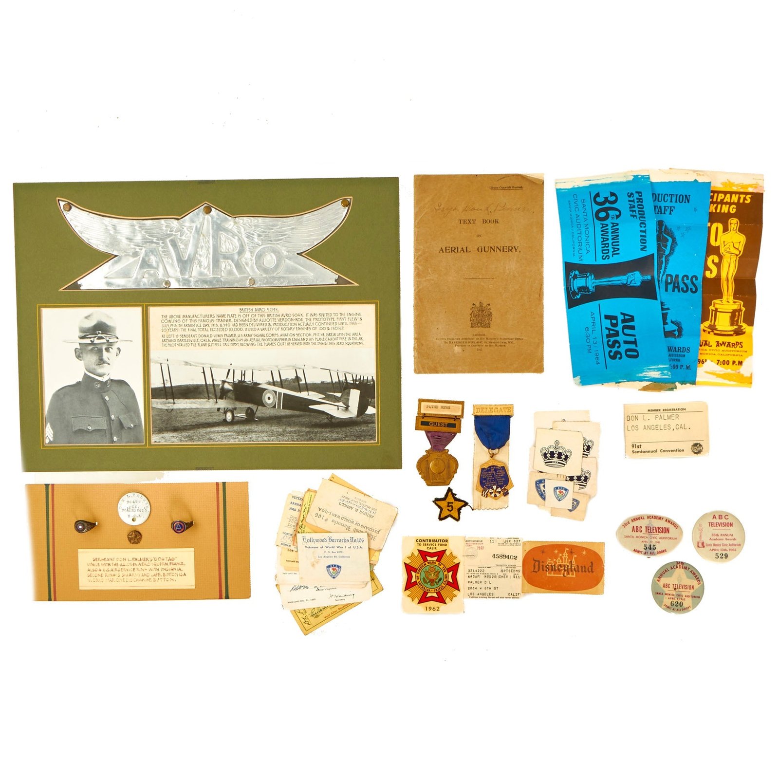 Buy Original U.S. WWI 25th Aero Squadron Grouping For Aerial Photographer Sergeant Don L. Palmer Featuring Passes and Membership Cards For Hollywood / ABC Film Productions - Formerly Displayed In The Oklahoma Aviation Museum | Original Firearms Antique For Sale