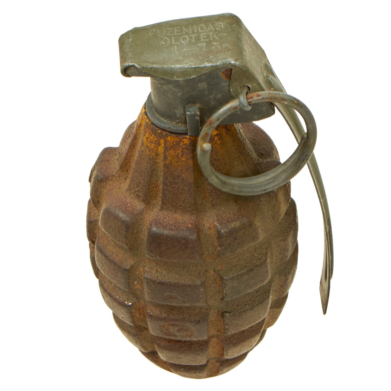 Buy Original U.S. WWII Inert MkII Pineapple Grenade with Yellow Ring & M10A3 Fuze | Original Firearms Antique For Sale