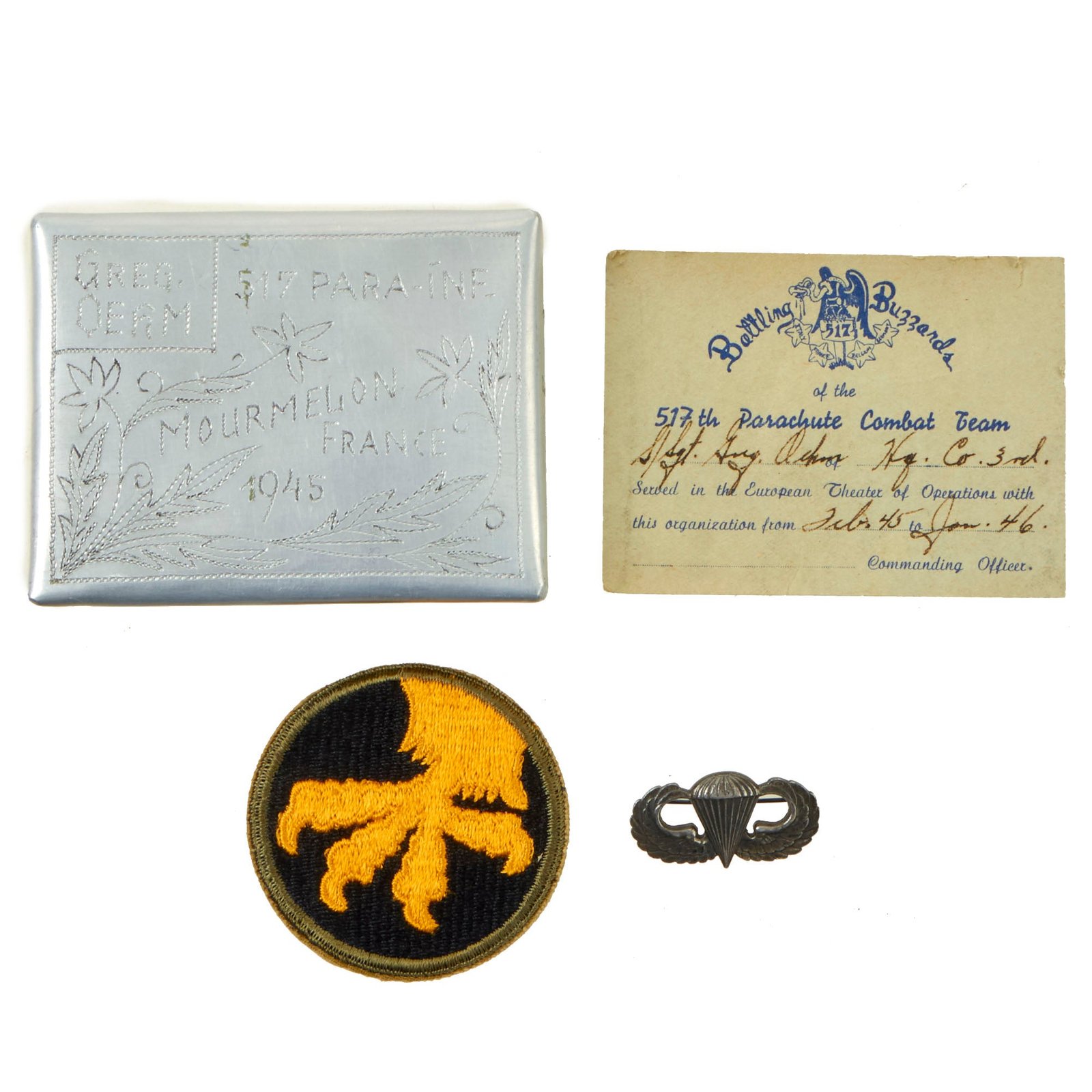 Buy Original U.S. WWII German POW Made Cigarette Case For Ssgt Gregory Oehm of the 517th Parachute Infantry Regiment, 17th Airborne With Jump Wings and Interview Printout - Cigarette Case Constructed From P-51 Mustang Parts | Original Firearms Antique For Sale