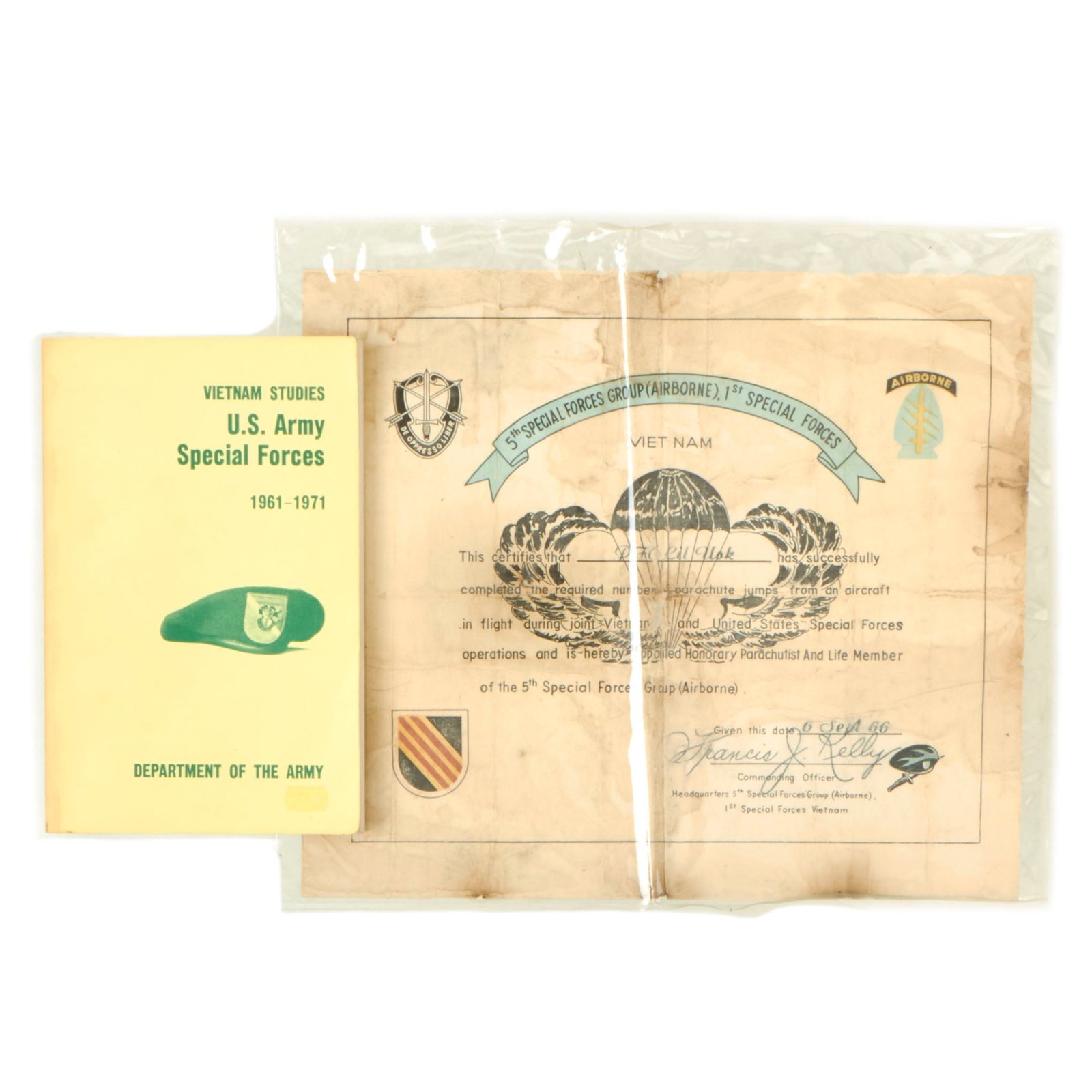 Buy Original U.S. Vietnam War 1966 Dated 5th Special Forces Group Airborne 1st Special Forces Honorary Parachute Jump Certificate Signed by General Francis J. Kelly with Book | Original Firearms Antique For Sale