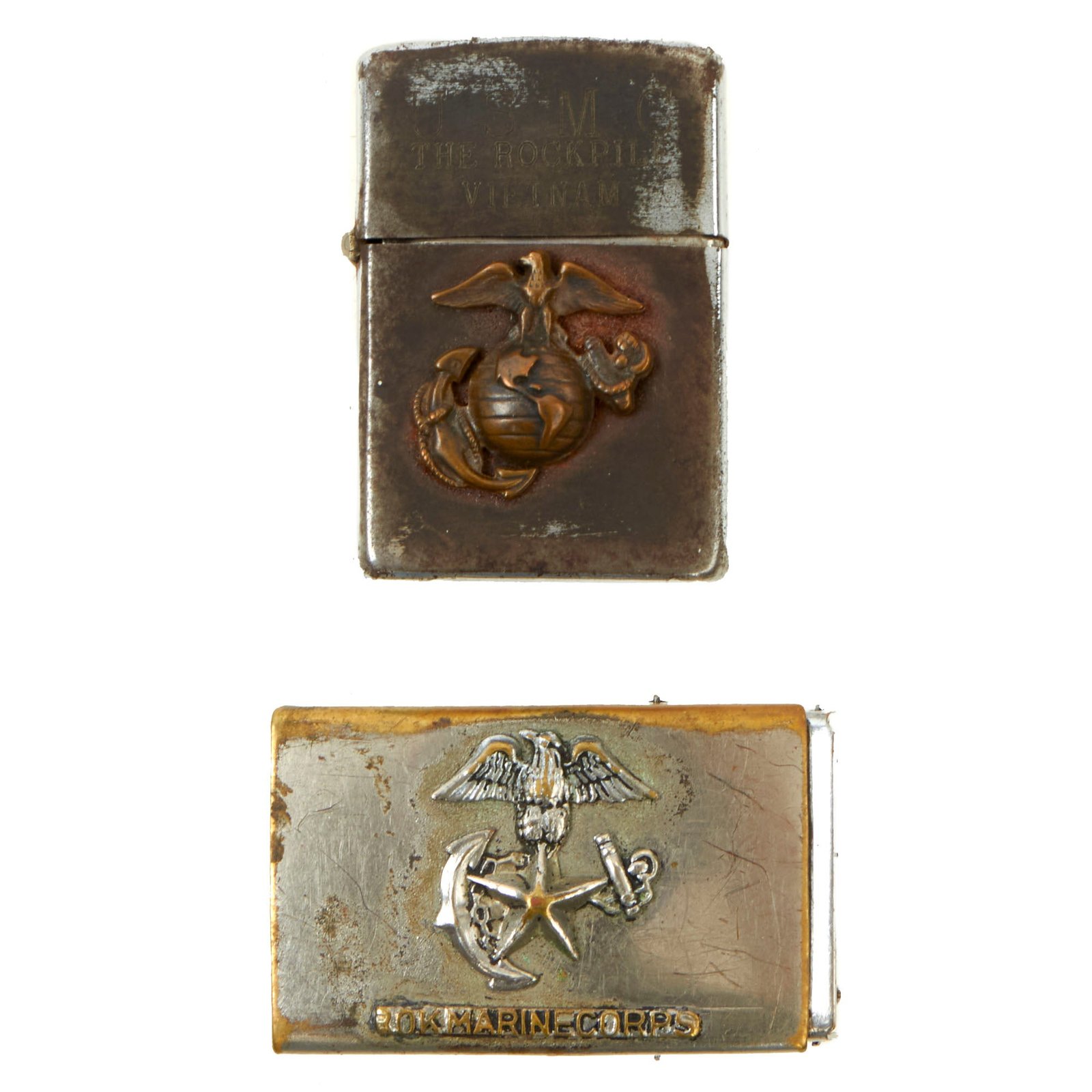 Buy Original U.S. Vietnam War “The Rockpile” (Elliot Combat Base) Engraved 1950-1957 Zippo Lighter With Affixed Eagle, Globe and Anchor With Republic of Korea Marines Web Belt Buckle - Both Belonged To Same Marine | Original Firearms Antique For Sale