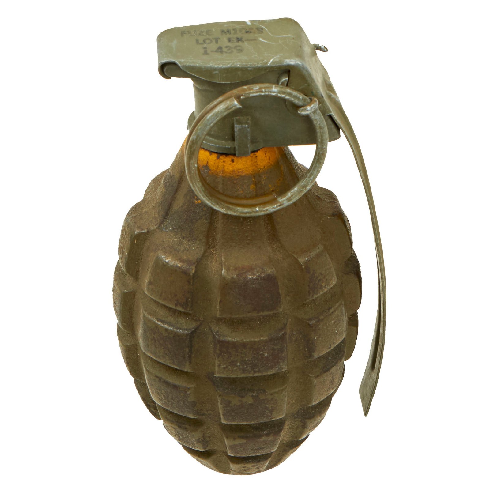 Buy Original U.S. WWII Inert MkII Pineapple Grenade with Yellow Ring & M10A3 Fuze | Original Firearms Antique For Sale