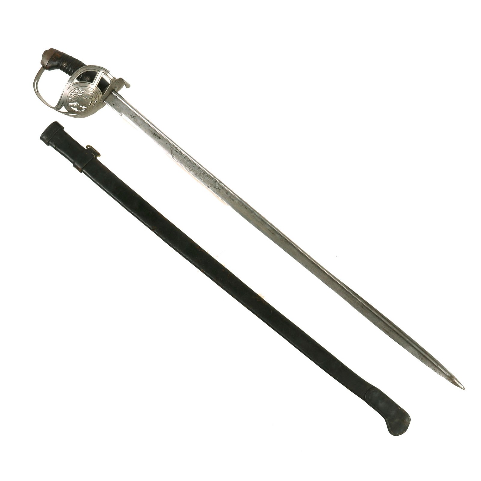 Buy Original Pre-WWI Era Chilean Fiscal Police (Policia de Fiscal) German Made Sword With Correct Leather Scabbard - Modeled After Prussian 1889 Hussars Saber | Original Firearms Antique For Sale