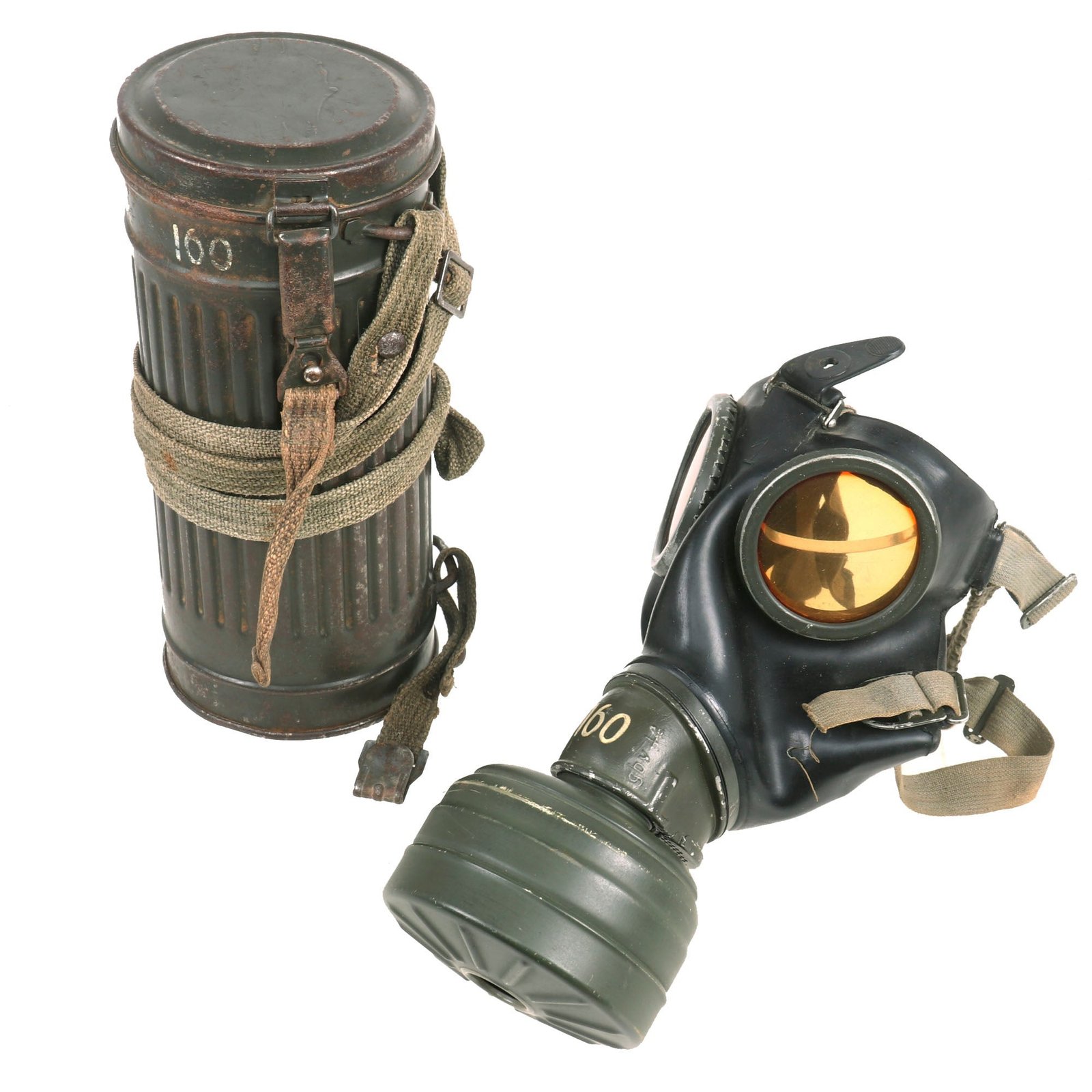 Buy Original German WWII M38 Gas Mask in Size 1 with Filter, Canister, & Accessories by Radium Gummiwerke mbH - dated 1942 | Original Firearms Antique For Sale