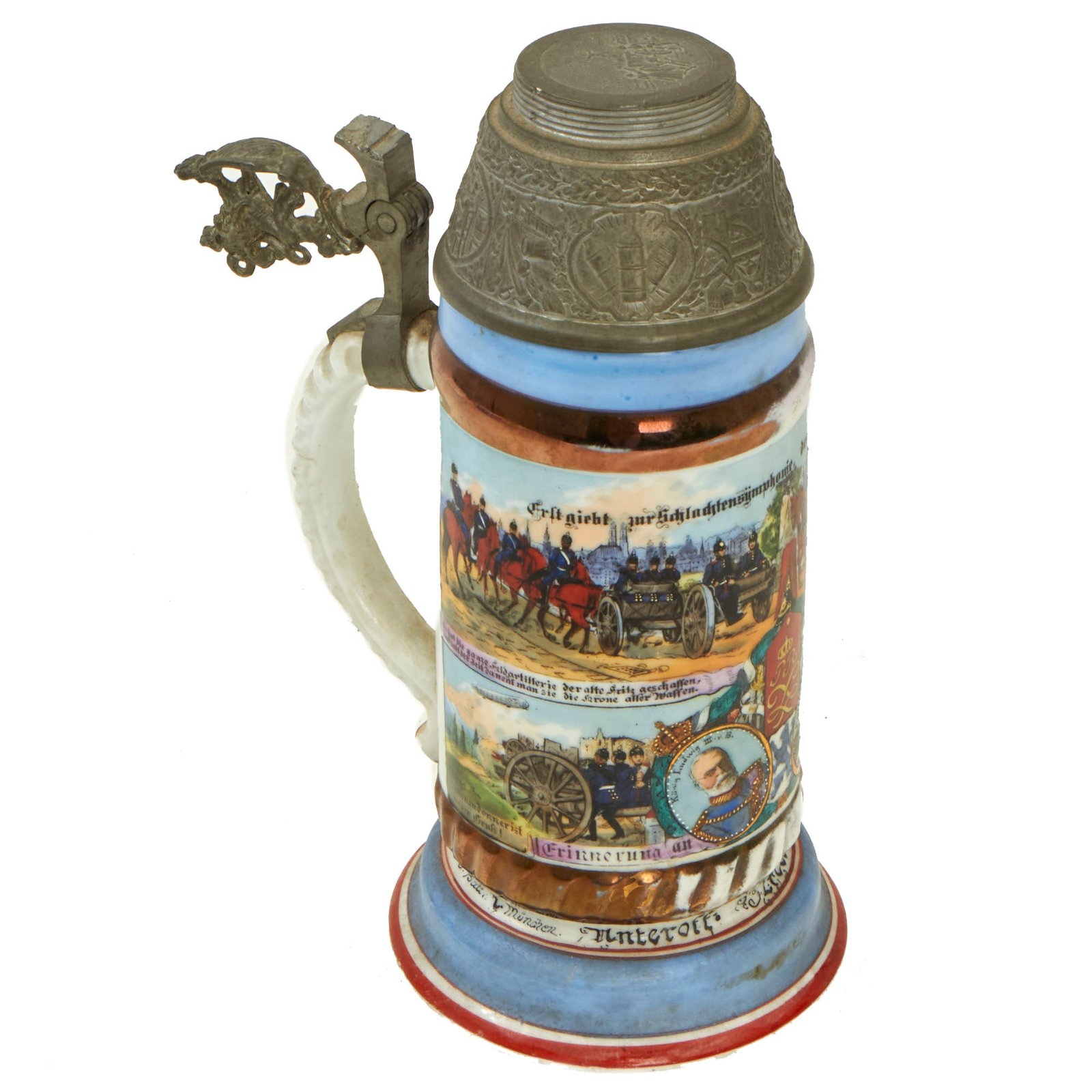 Buy Original Imperial German WWI Era 1st Royal Bavarian Field Artillery Regiment Beer Stein with Broken Hinged Lid - dated 1912-14 | Original Firearms Antique For Sale