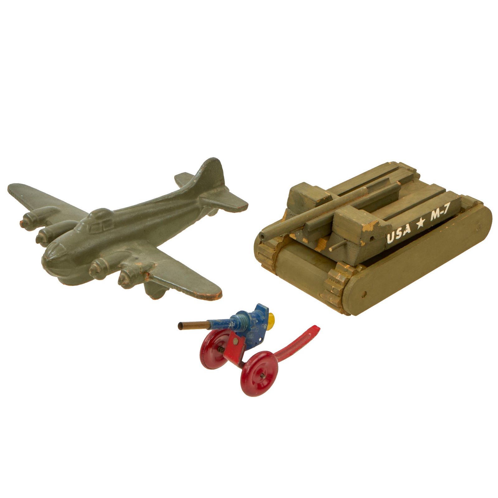 Buy Original U.S. WWII Homefront B-17 Flying Fortress and Tank Destroyer Wood Toys With Field Gun Made From INERT Mk2 M10 Series Fuse - 3 Items | Original Firearms Antique For Sale