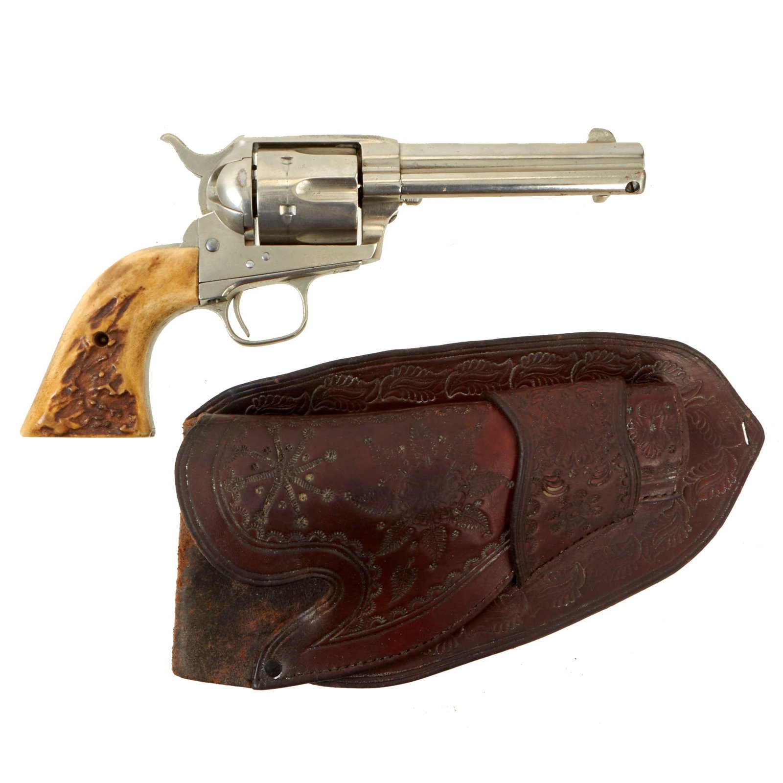 Buy Original U.S. Nickel-Plated Colt .45cal Single Action Army Revolver made in 1884 with 4 3/4" Barrel, Stag Grips & Period Holster - Matching Serial 106046 | Original Firearms Antique For Sale