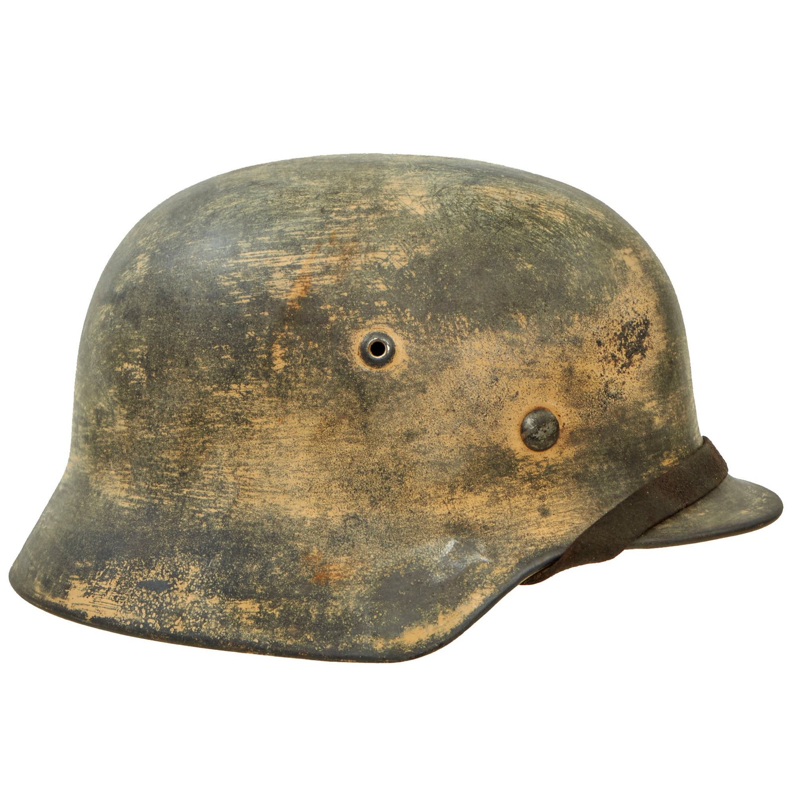 Buy Original German WWII Worn Afrikakorps Camouflage M35 Helmet Shell with Liner & Chinstrap - Stamped ET66 | Original Firearms Antique For Sale