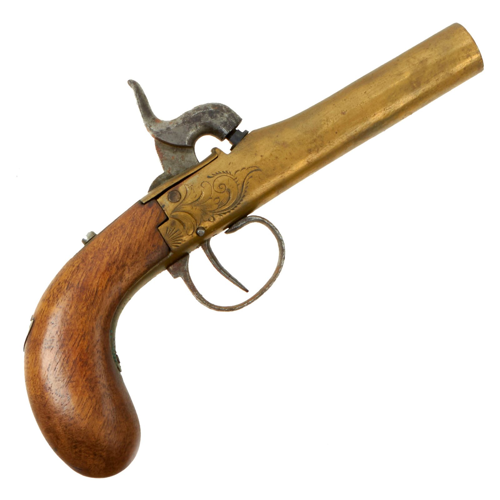 Buy Original Victorian Era Belgian Brass Percussion Vest Pistol with Bag Grip & Liège Proof - Circa 1845 | Original Firearms Antique For Sale
