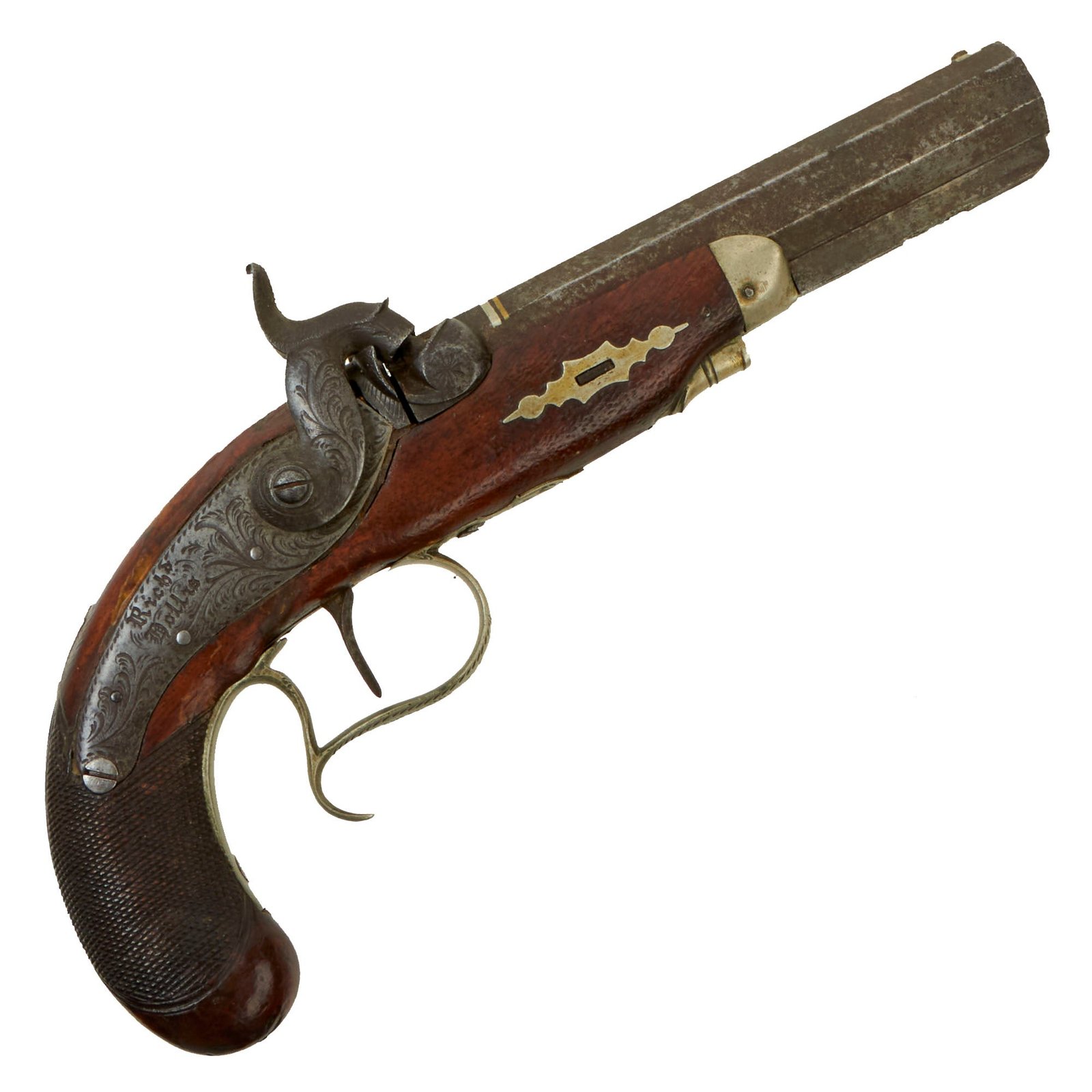 Buy Original British Nickel Silver Mounted "Philadelphia Deringer" Style Pocket Percussion Pistol by Richard Hollis - Circa 1845 | Original Firearms Antique For Sale
