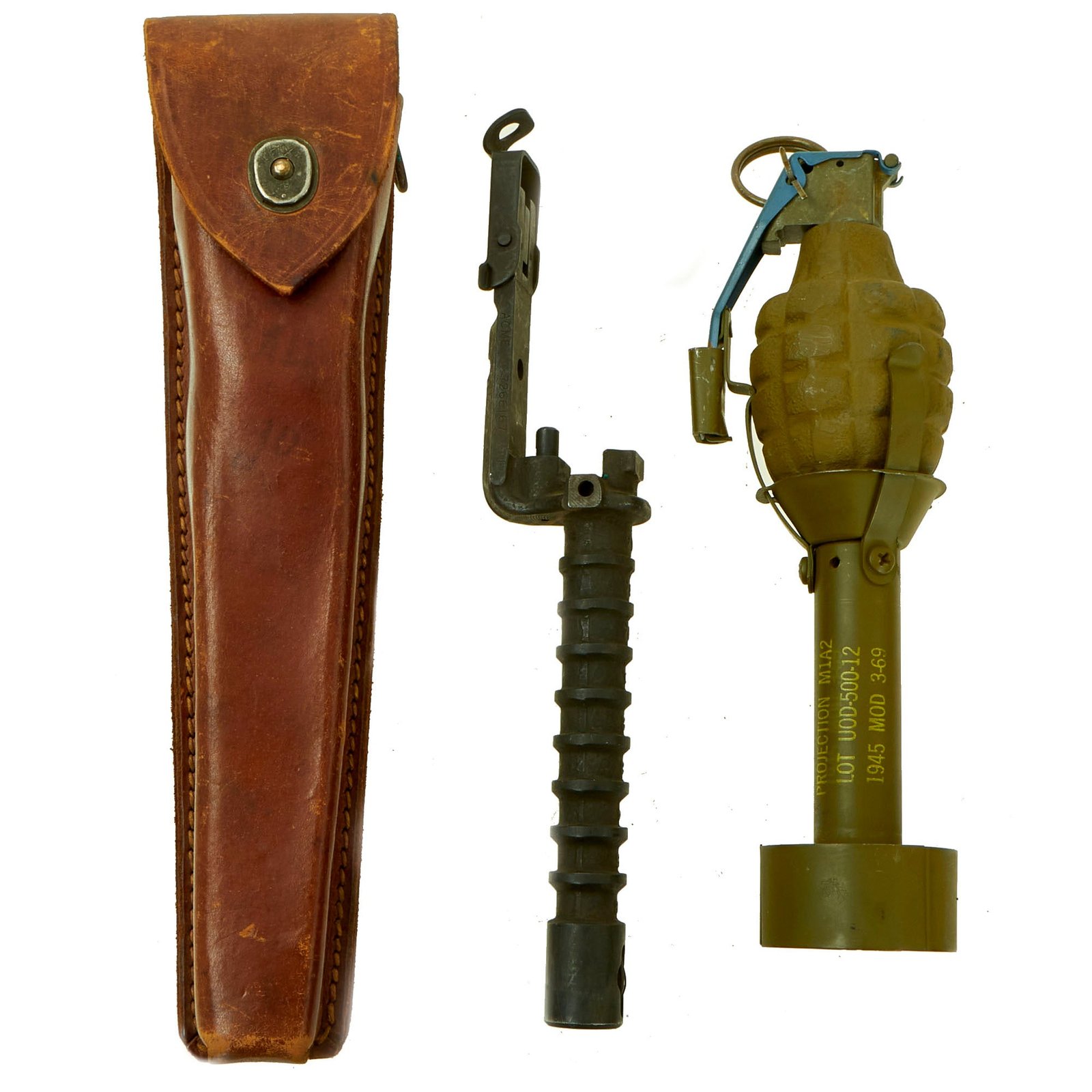 Buy Original U.S. Korean War / Vietnam Inert MkII Pineapple Grenade Dummy in 1969 dated M1 Rifle Grenade Adapter with M7A2 Garand Launcher and Rare Leather Carry Case | Original Firearms Antique For Sale