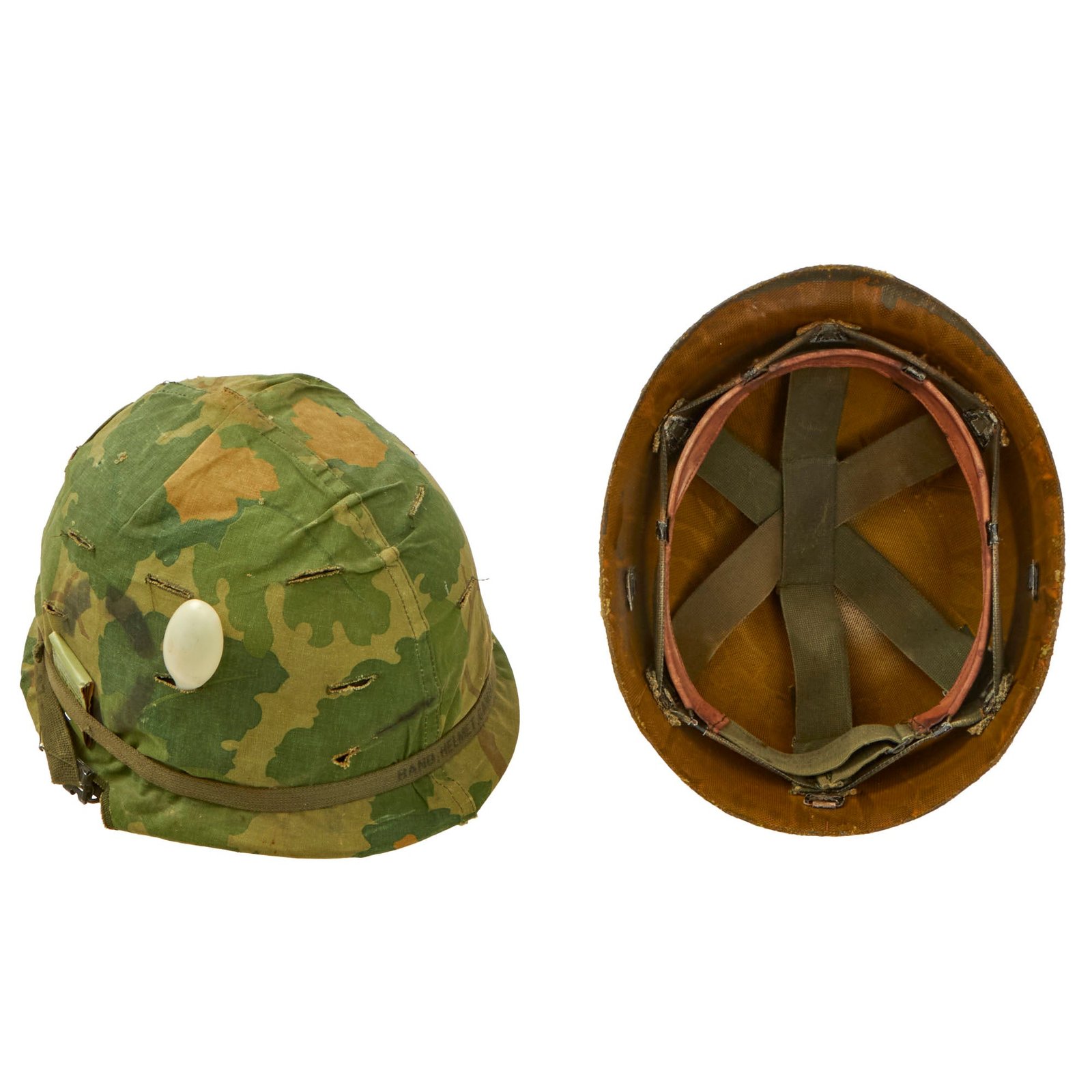 Buy Original U.S. Vietnam War M1 Helmet with Stenciled Camouflage Cover and Liner - Spoon & Matches | Original Firearms Antique For Sale