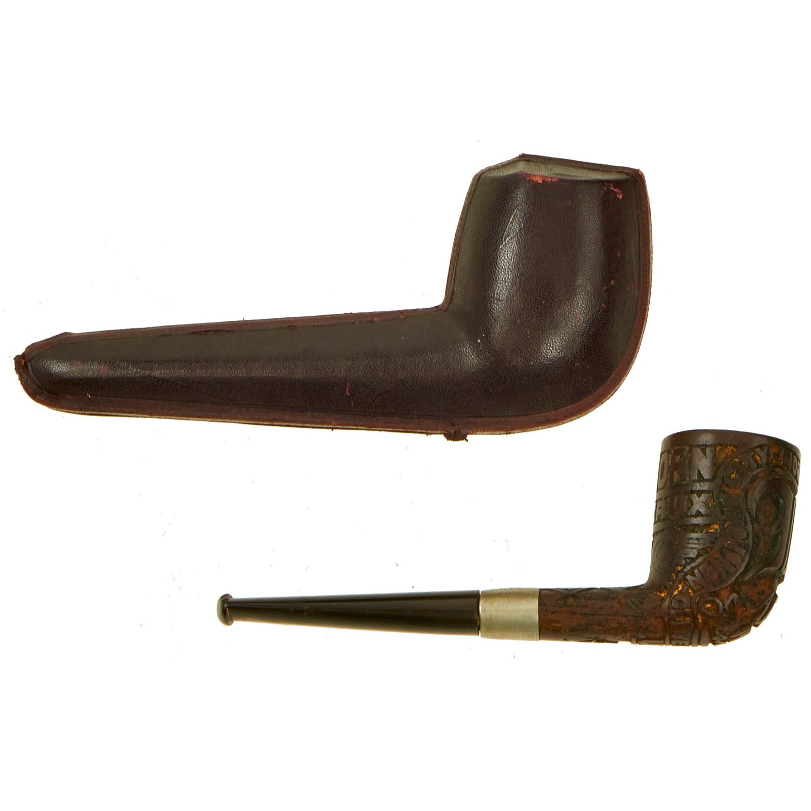 Buy Original U.S. WWI U.S.S. Ohioan French Briar Carved Pipe by Colossus Pipe Factory With Patriotic Motifs and Leather Case | Original Firearms Antique For Sale