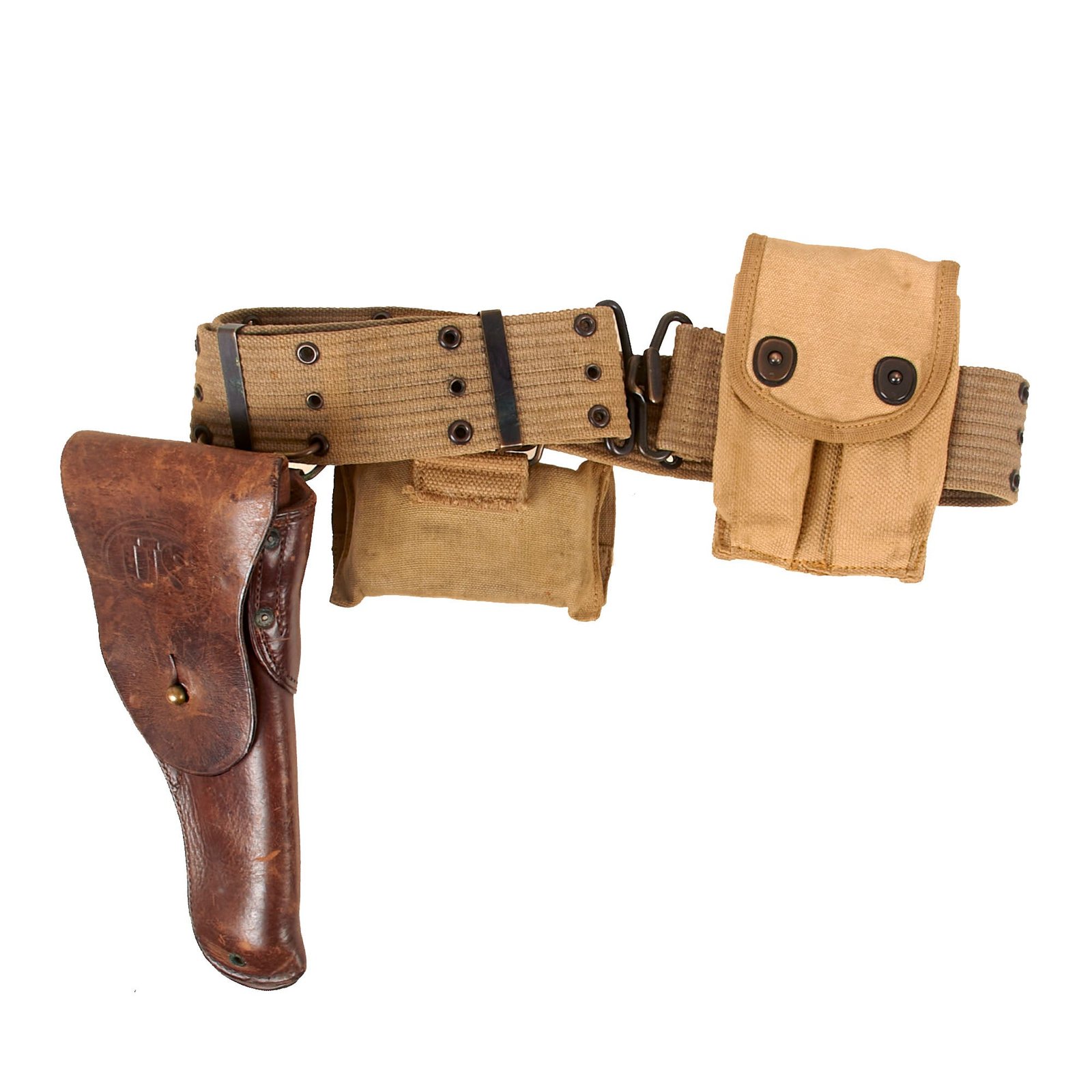 Buy Original U.S. WWI M-1910 Pistol Belt Rig Featuring M1916 Holster for 1911 .45 Automatic, USMC Magazine Pouch and First Aid Pouch with Sealed 1916 Bandage | Original Firearms Antique For Sale