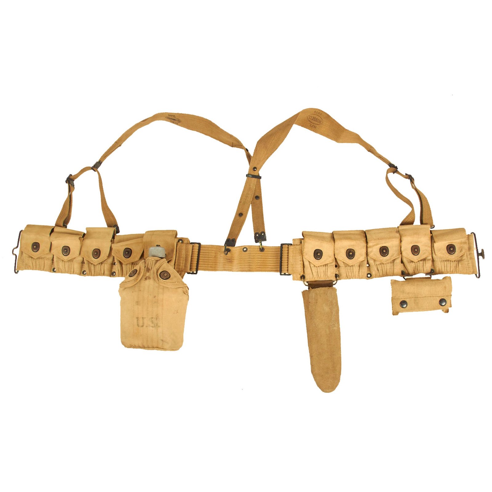 Buy Original WWI U.S. Field Equipment Set: Rifleman’s Belt Rig with Rare M-1907 Suspenders, Wire Cutters with Pouch, M-1910 Cartridge Belt,  Canteen Set & 1918 First Aid Dressing with Pouch | Original Firearms Antique For Sale