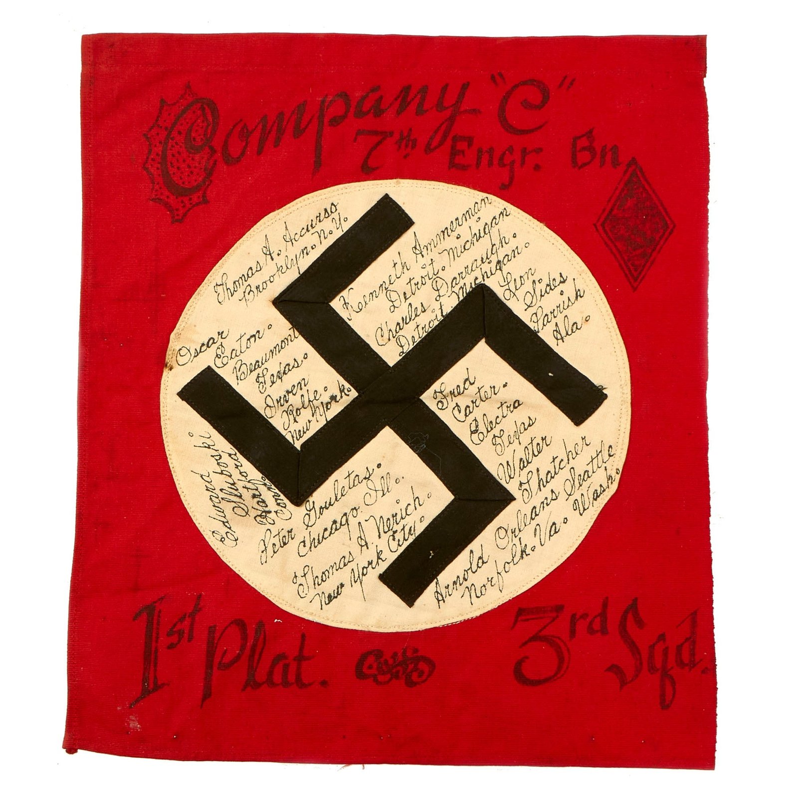Buy Original German WWII USGI Bring Back Small Flag Signed by Members of Company "C", 7th Engineer Battalion - 11" x 9 3/4" | Original Firearms Antique For Sale