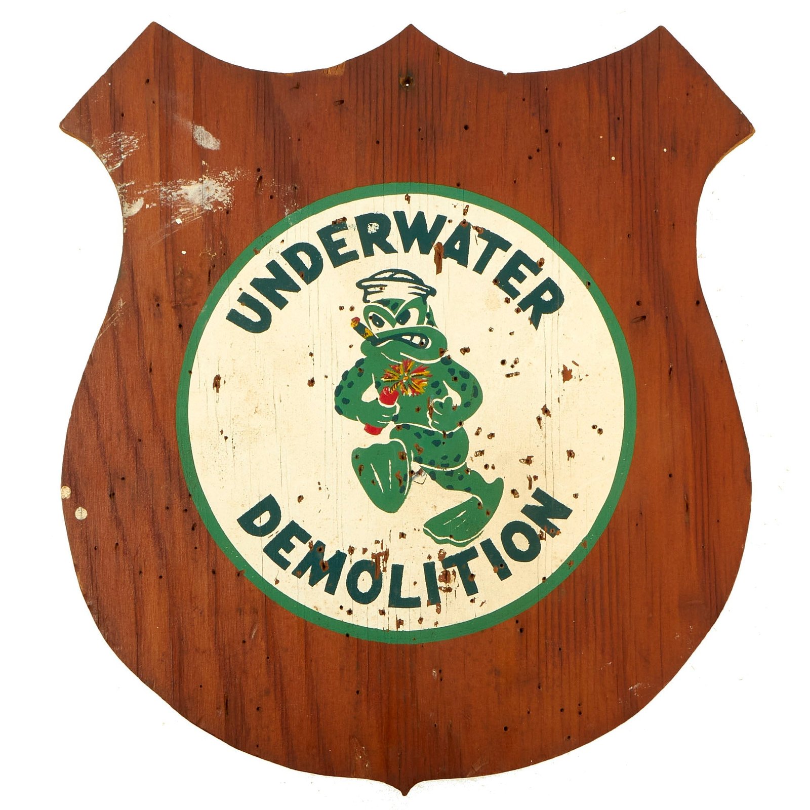 Buy Original U.S. Korean War / Early Vietnam War Era Underwater Demolition Team UDT “Navy SEALs” Hand Painted Wood Shield - 11” x 10” | Original Firearms Antique For Sale