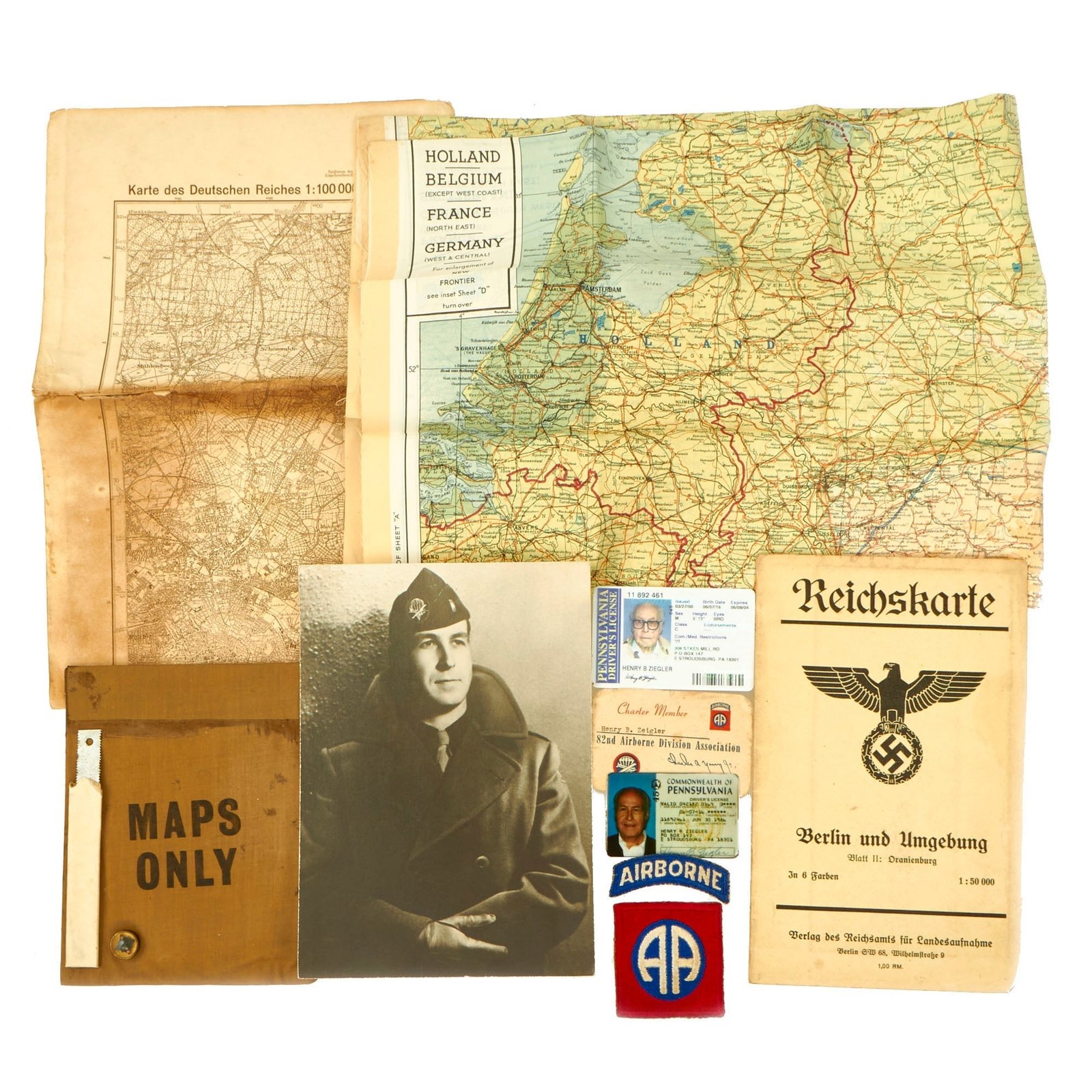 Buy Original U.S. WWII 82nd Airborne Grouping Attributed to Henry B. Ziegler Featuring Escape and Evasion Map Kit, Shoulder Sleeve Insignia and More | Original Firearms Antique For Sale