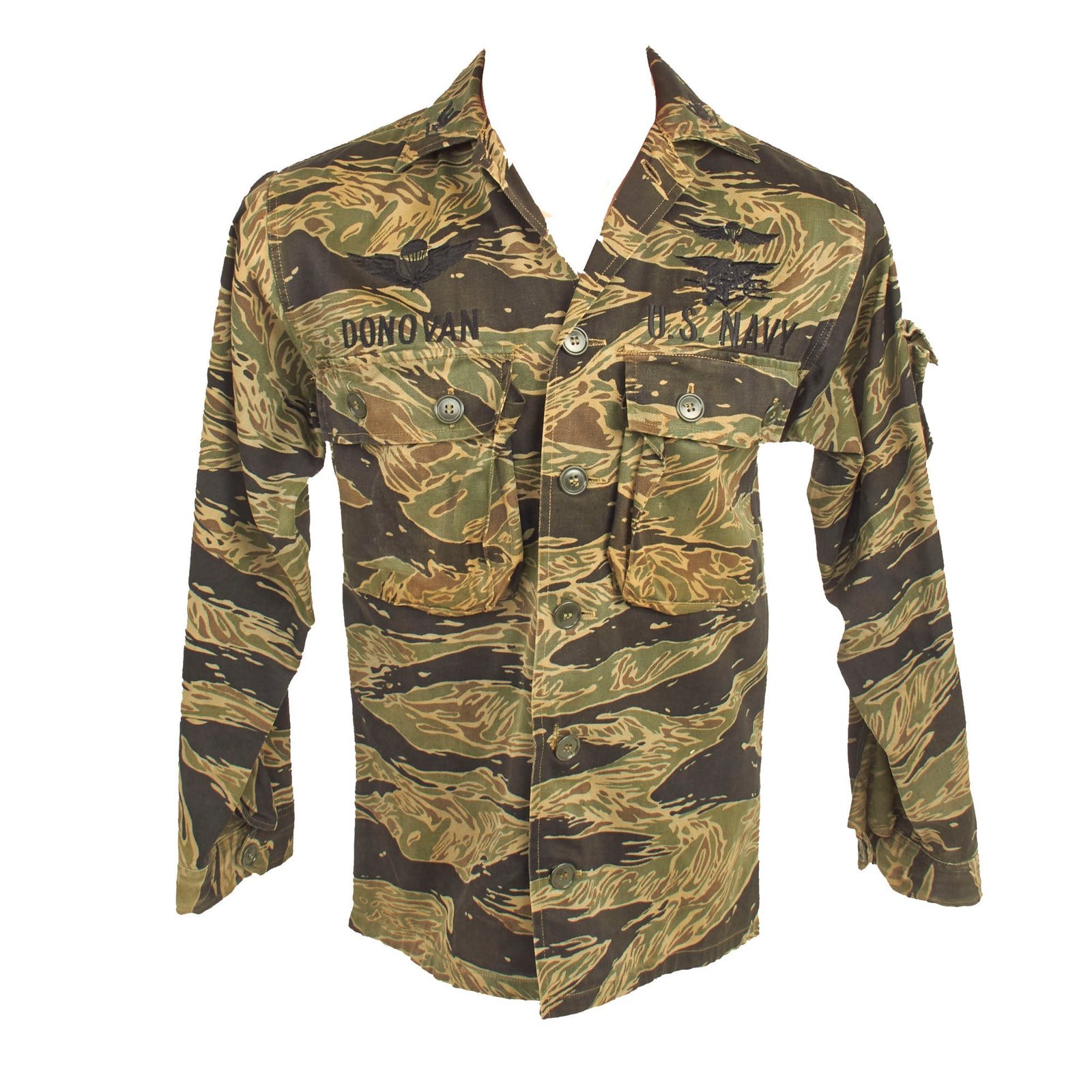 Buy Original U.S. Vietnam War Navy SEAL Tiger Stripe "John Wayne Sparse" Pattern  Camouflage Fatigue Uniform Shirt for Petty Officer John J. Donovan, SEAL Team 2 of Naval Special Warfare Group 2 | Original Firearms Antique For Sale