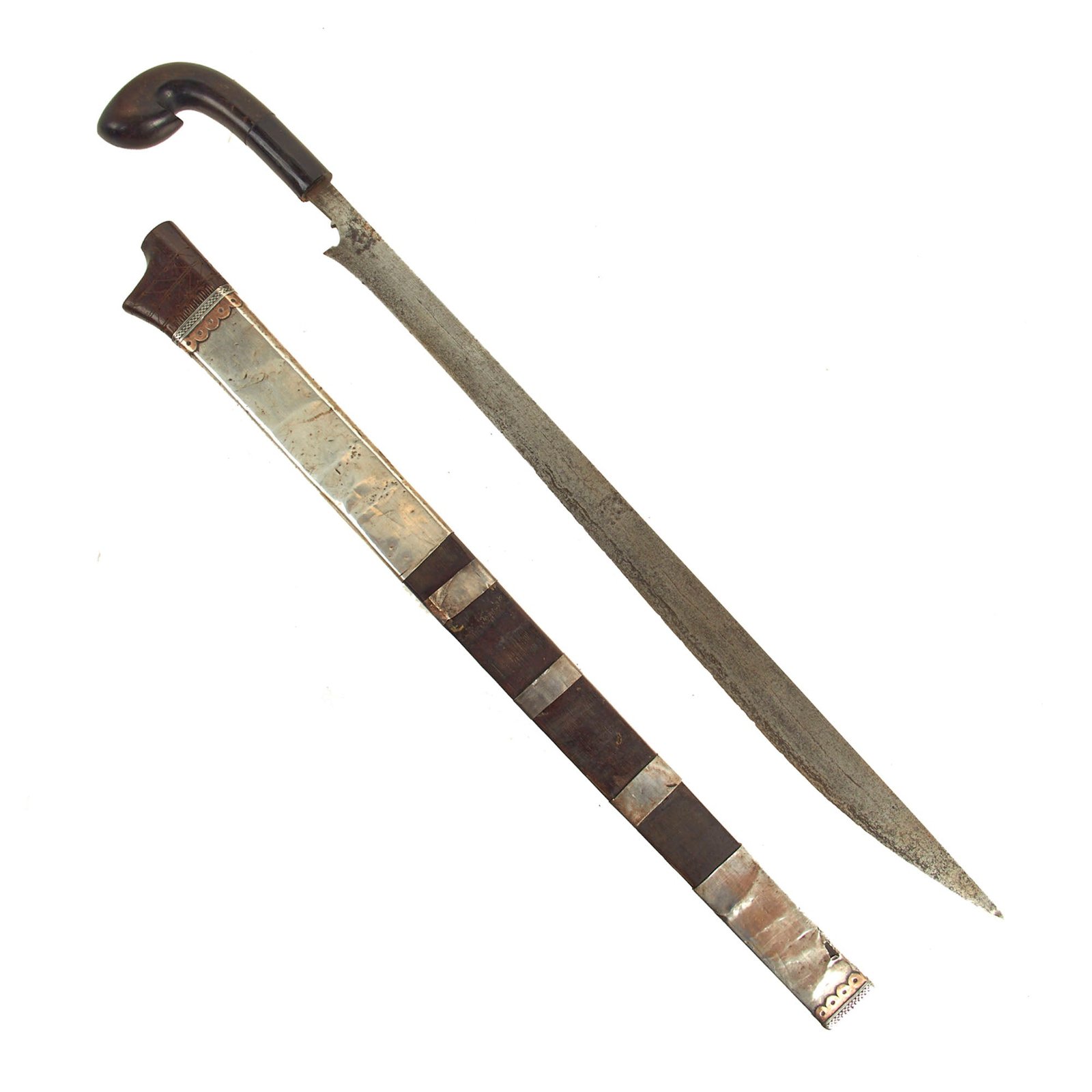 Buy Original Late 18th Century Indonesian Parang Knife With Silver Mounted Wood Scabbard | Original Firearms Antique For Sale