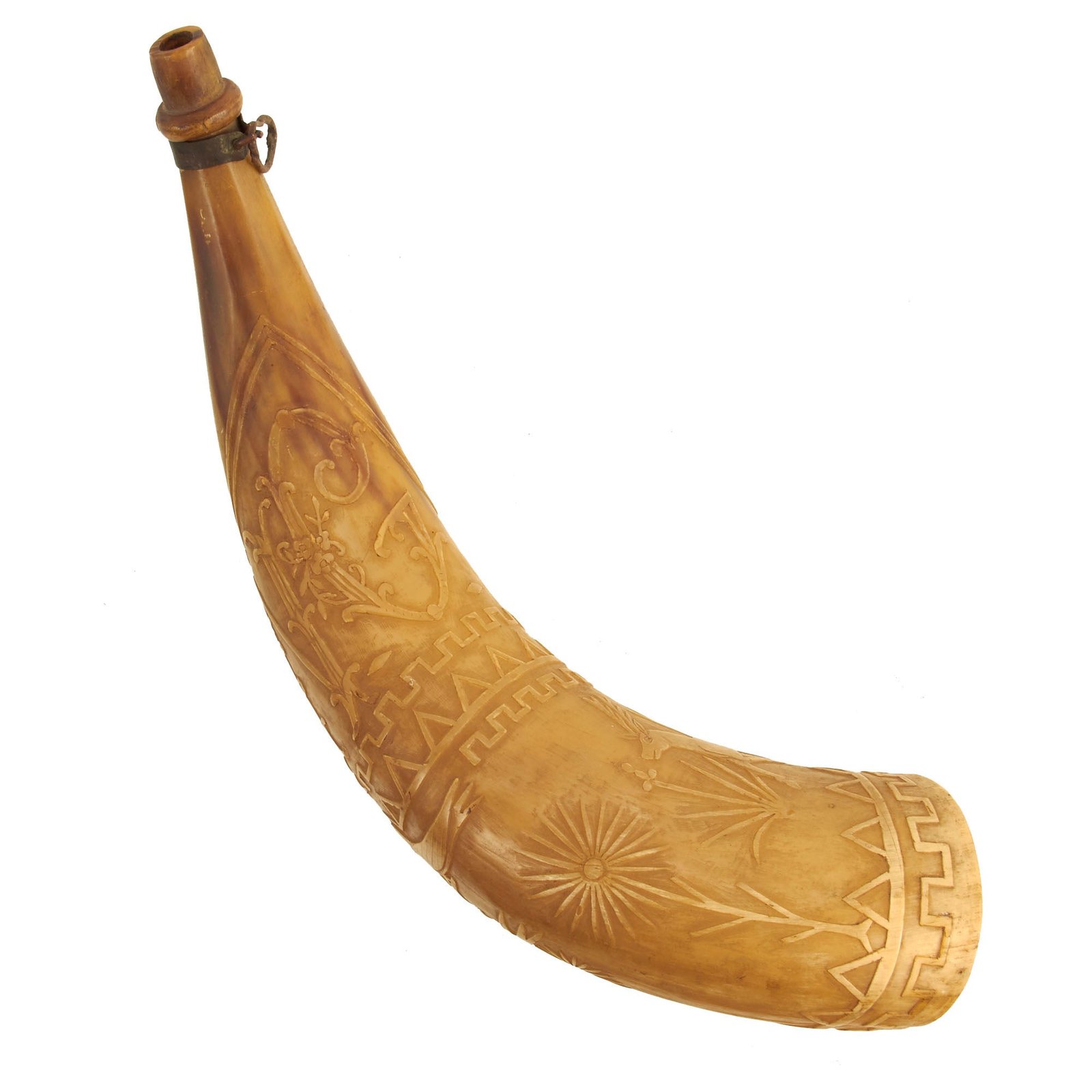 Buy Original Mid - Late 18th Century Carved Powder Horn with Game Fowl and Stag Designs | Original Firearms Antique For Sale