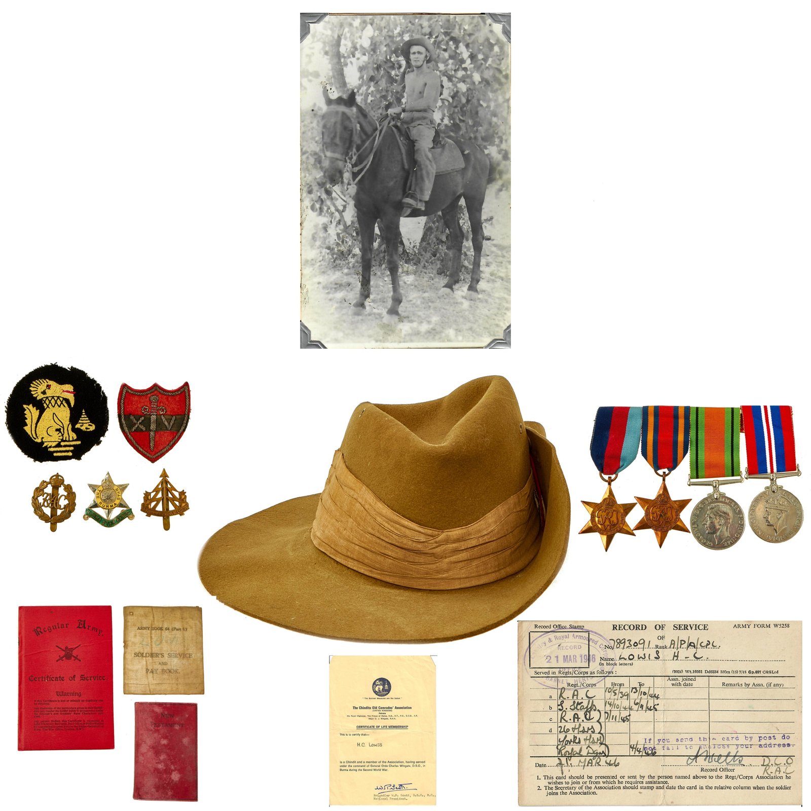 Buy Original WWII British Chindit Long Range Penetration Group Grouping Attributed to L/Cpl Herbert Lowis Slouch Hat, Paperwork, Rare Burma Escape Map, Insignia | Original Firearms Antique For Sale