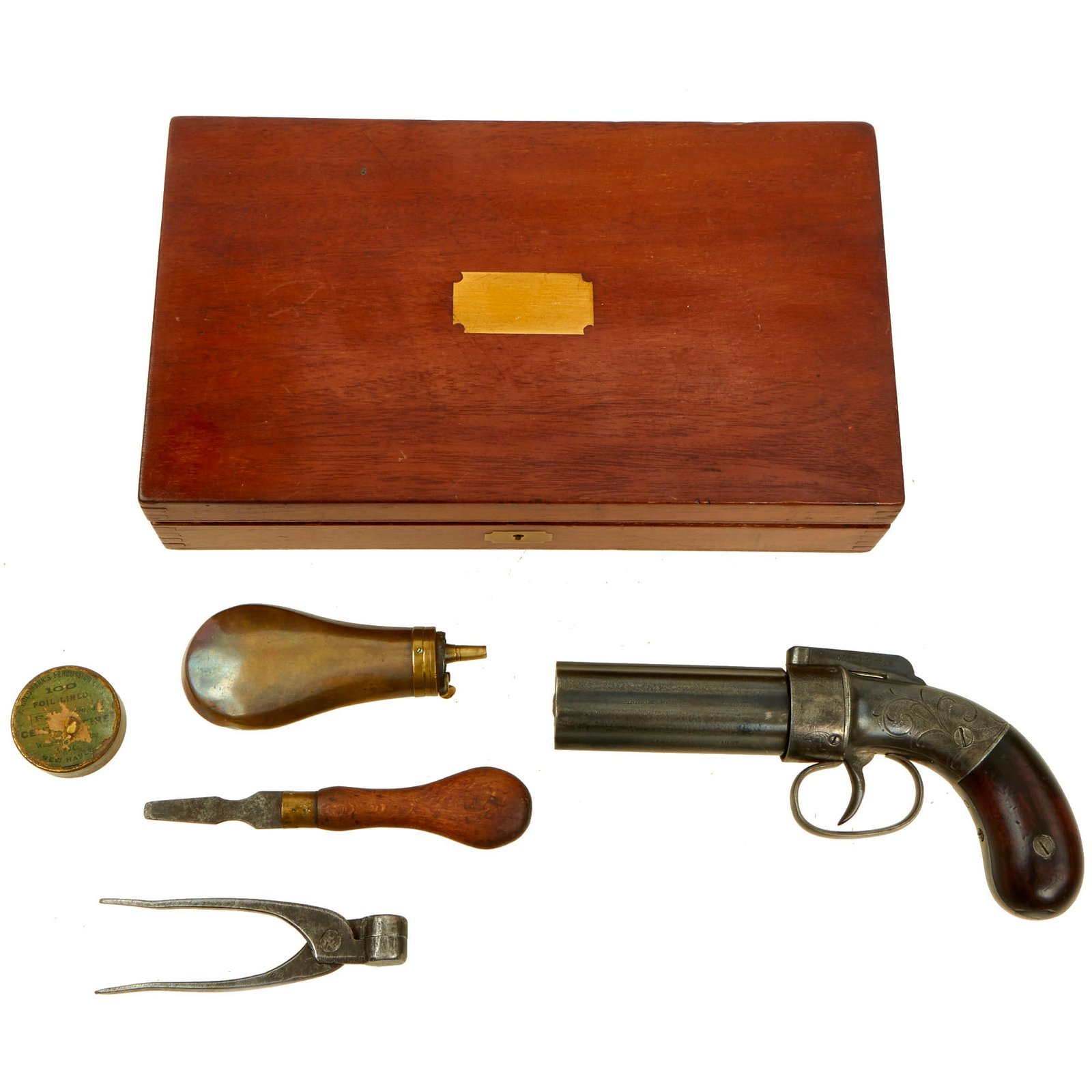 Buy Original U.S. Cased Allen & Thurber 1837 Patent .31cal Percussion Pepperbox Revolver with Accessories - Matching Serial 381 | Original Firearms Antique For Sale