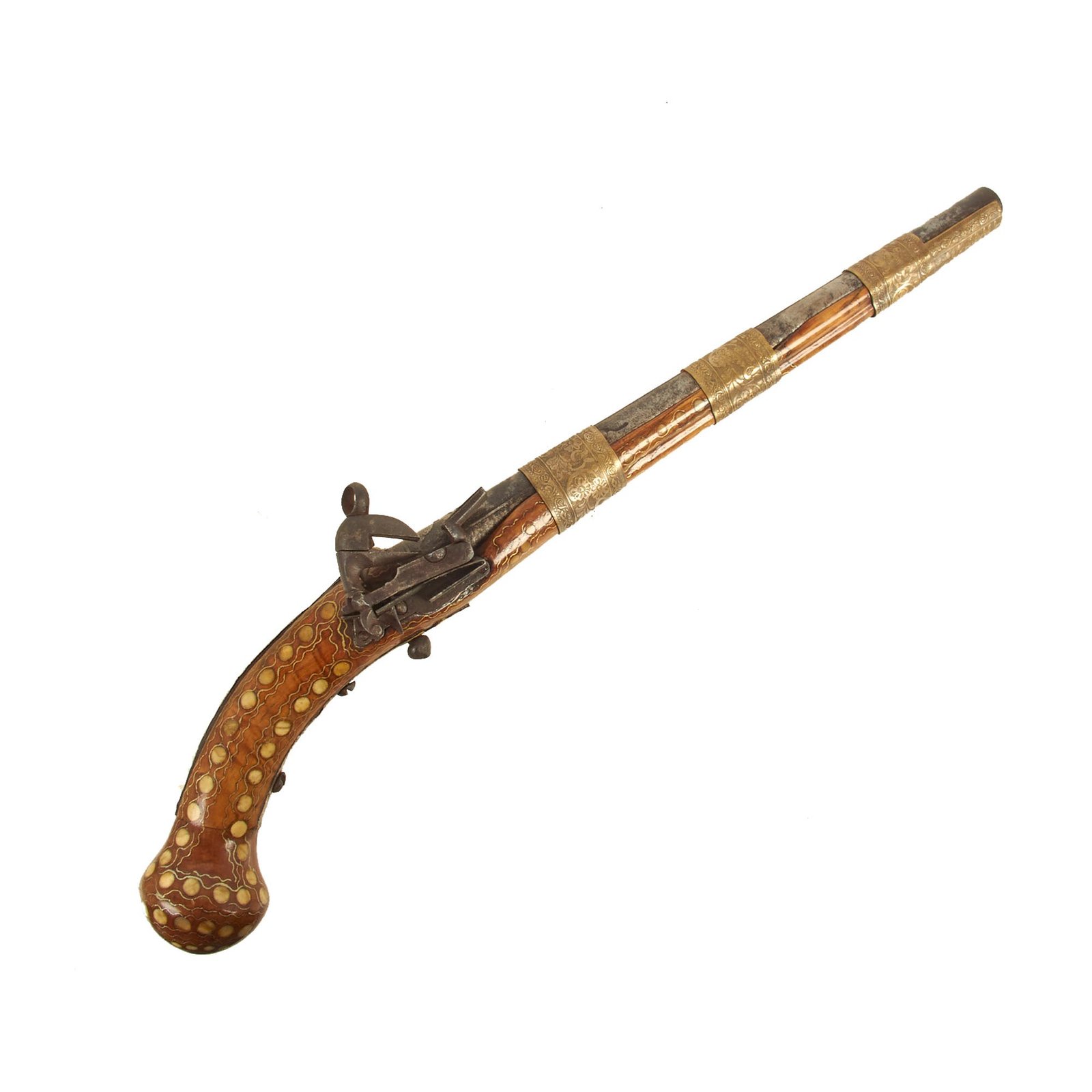 Buy Original Southern Russian Caucasian Niello & Silver Decorated Miquelet Pistol with Bone Inlays and Ball Trigger | Original Firearms Antique For Sale