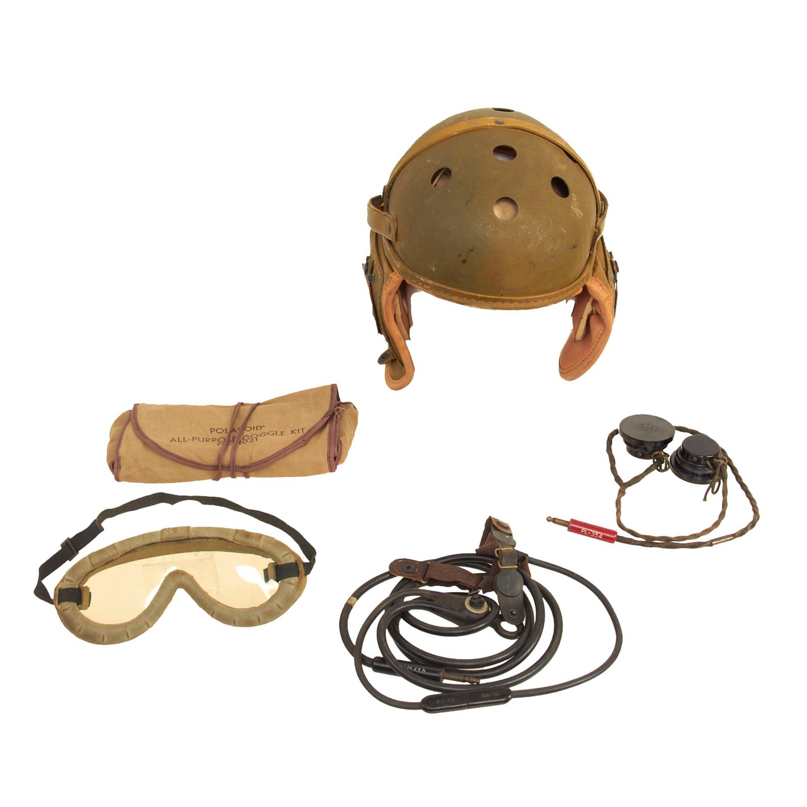 Buy Original U.S. WWII M38 Tanker Helmet by Rawlings with Type ANB-H-1 Earphones, Throat Mic and Early Polaroid Goggles | Original Firearms Antique For Sale