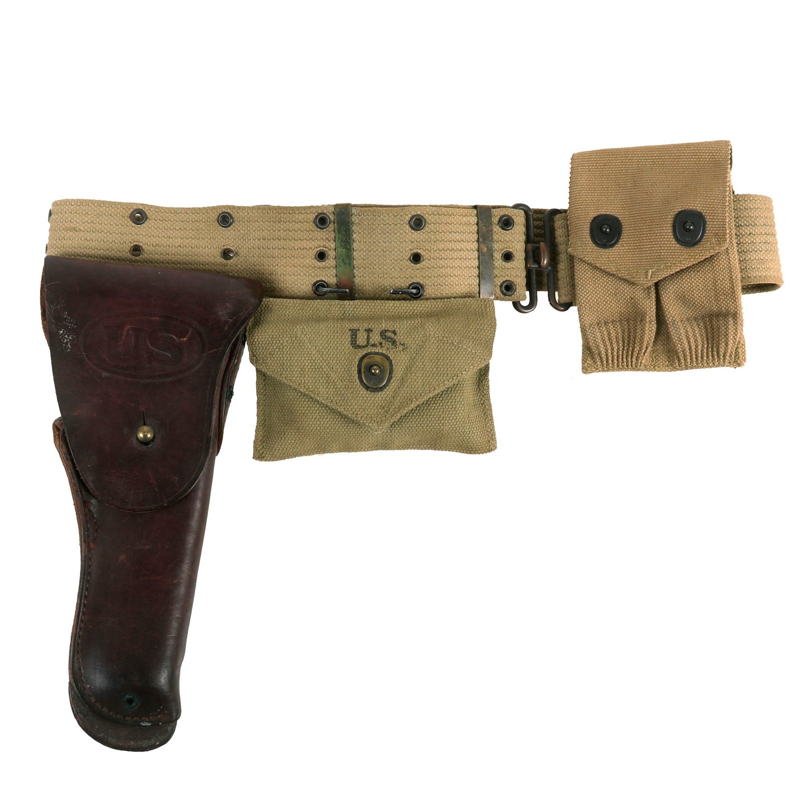 Buy Original U.S. WWII Officer M1936 Pistol Belt, M1911 Holster by Enger-Kress, Magazine Pouch & First Aid Pouch WITH Box & Bandage | Original Firearms Antique For Sale