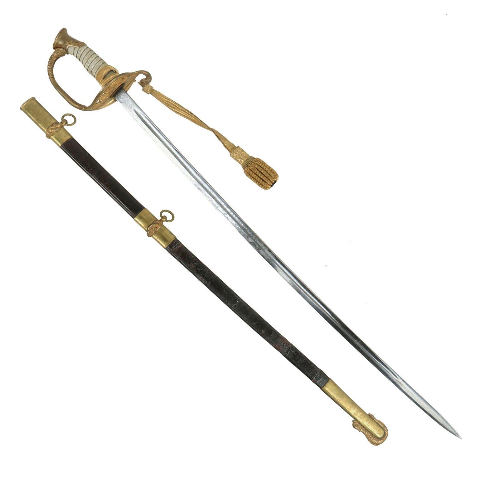 Buy Original U.S. Spanish-American War Era Engraved & Named Model 1852 Navy Officer's Sword with Original Leather Scabbard & Sword Knot by William Reed & Sons, Boston | Original Firearms Antique For Sale