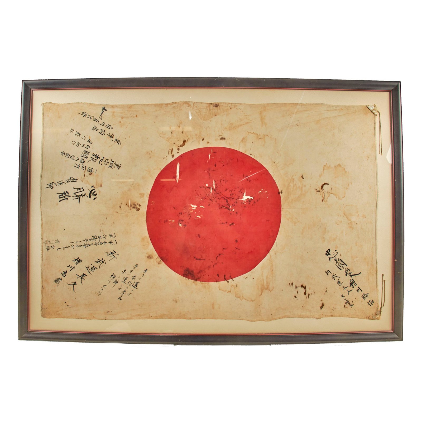 Buy Original Japanese WWII Hand Painted Cloth Good Luck Flag - Framed 46” x 31 ¼” | Original Firearms Antique For Sale