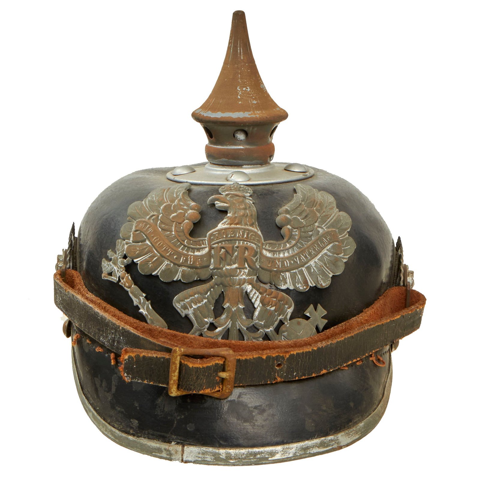 Buy Original Imperial German WWI Prussian EM/NCO Infantry M1915 Pickelhaube Spiked Helmet with Capture Tag | Original Firearms Antique For Sale