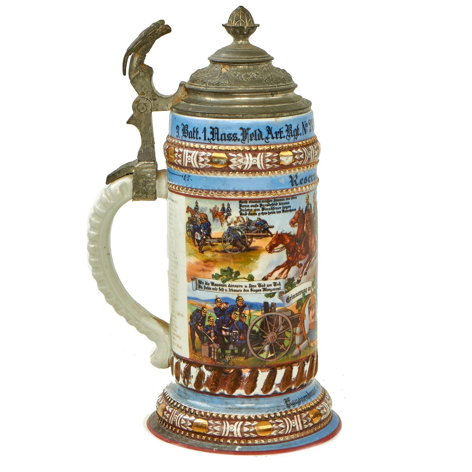 Buy Original Imperial German WWI Era 27th (1st Nassau) Field Artillery Regiment Reservist Beer Stein with Hinged Lid - dated 1910-1912 | Original Firearms Antique For Sale