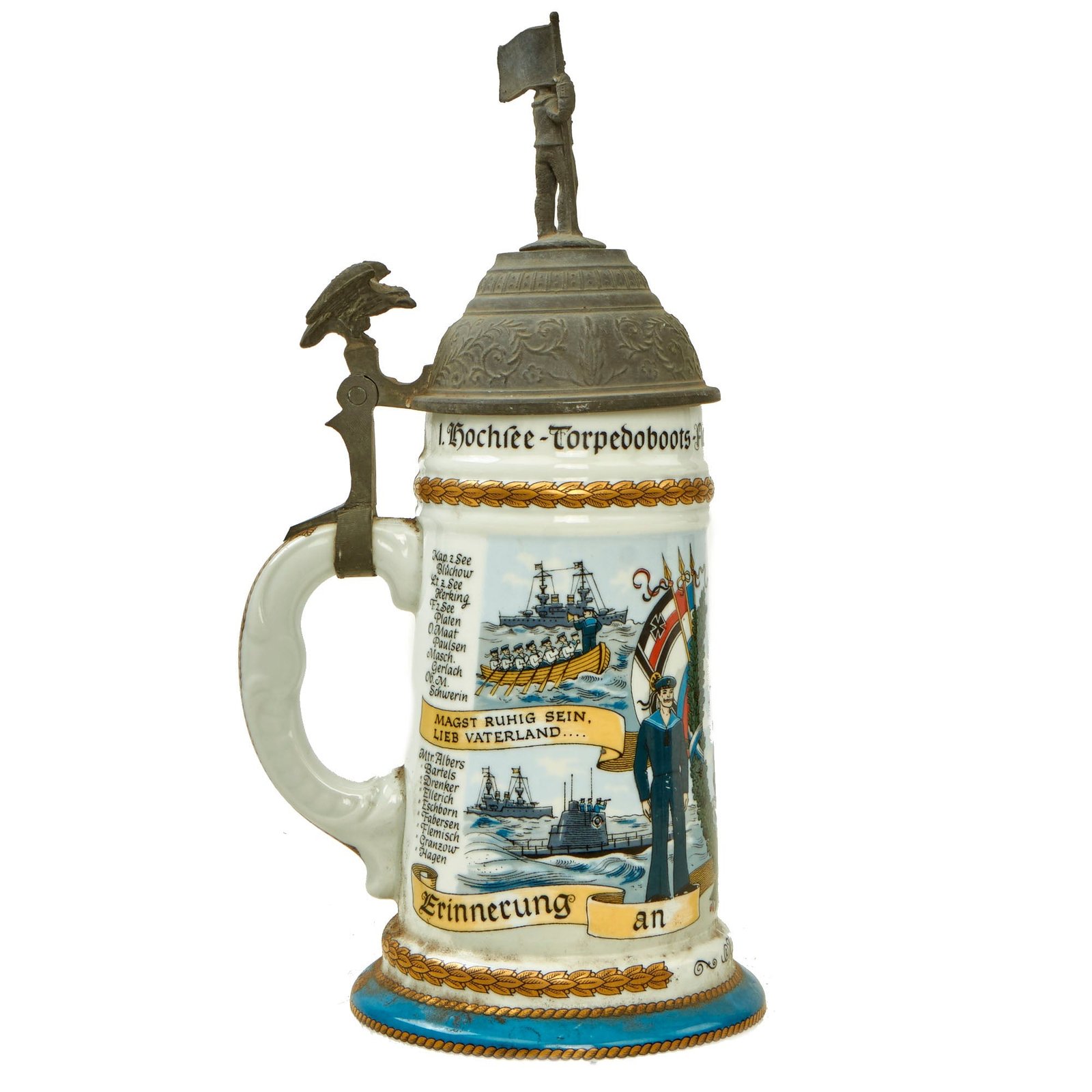 Buy Original Imperial German WWI Era Kaiserliche Marine Navy 1st High Seas Torpedo Boat Flotilla Beer Stein - dated 1907-1910 | Original Firearms Antique For Sale