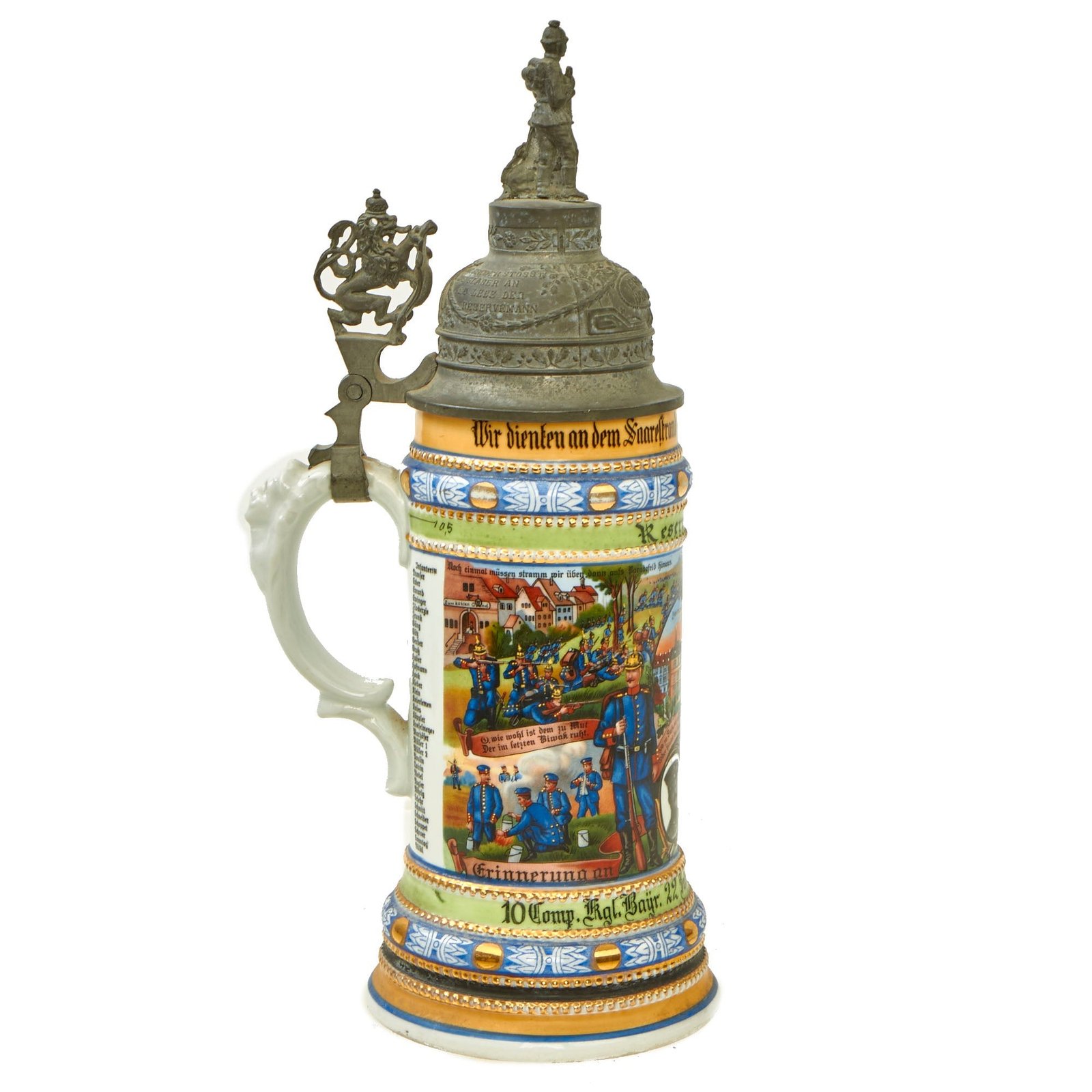 Buy Original Imperial German WWI Era 22nd Royal Bavarian Infantry Regiment Reservist Beer Stein with Hinged Lid - dated 1912-1914 | Original Firearms Antique For Sale
