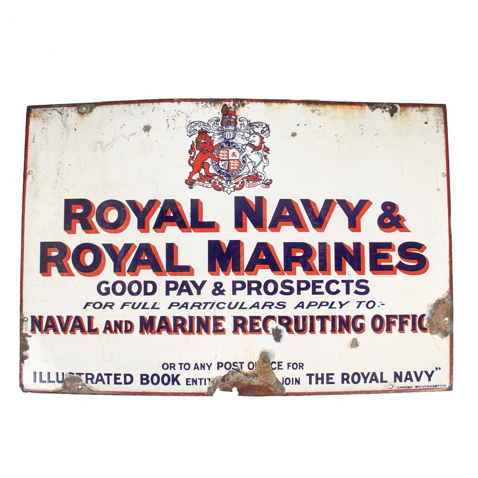 Buy Original British WWI Era British Royal Marines Porcelain Recruitment Sign - 24” x 34” | Original Firearms Antique For Sale